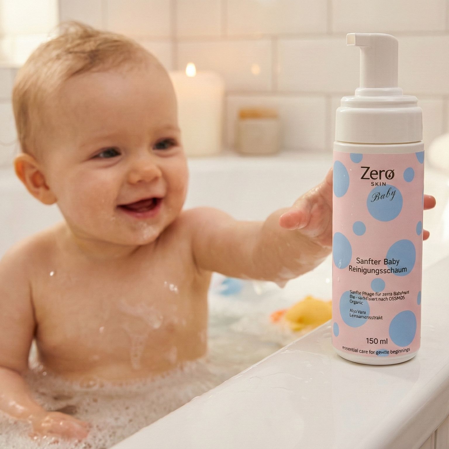 Baby in Badewanne greift nach Reinigungsschaum-Flasche. Flasche mit rosa Etikett und blauen Punkten. Aufschrift: Sanfter Baby Reinigungsschaum.
