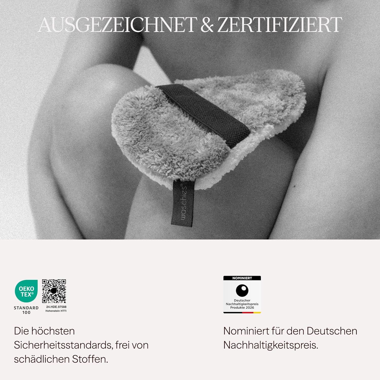 Pad mit schwarzem Band. Text: Ausgezeichnet & zertifiziert. Oeko-Tex Standard 100. Nominiert für den Deutschen Nachhaltigkeitspreis.