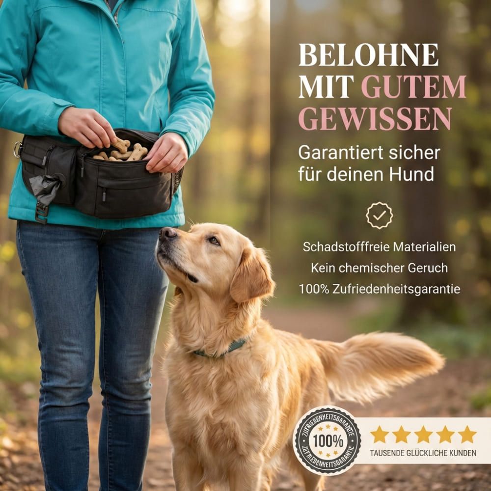 Person hält Bauchtasche mit Futter. Hund blickt auf. Schadstofffreie Materialien, kein chemischer Geruch, 100% Zufriedenheitsgarantie.