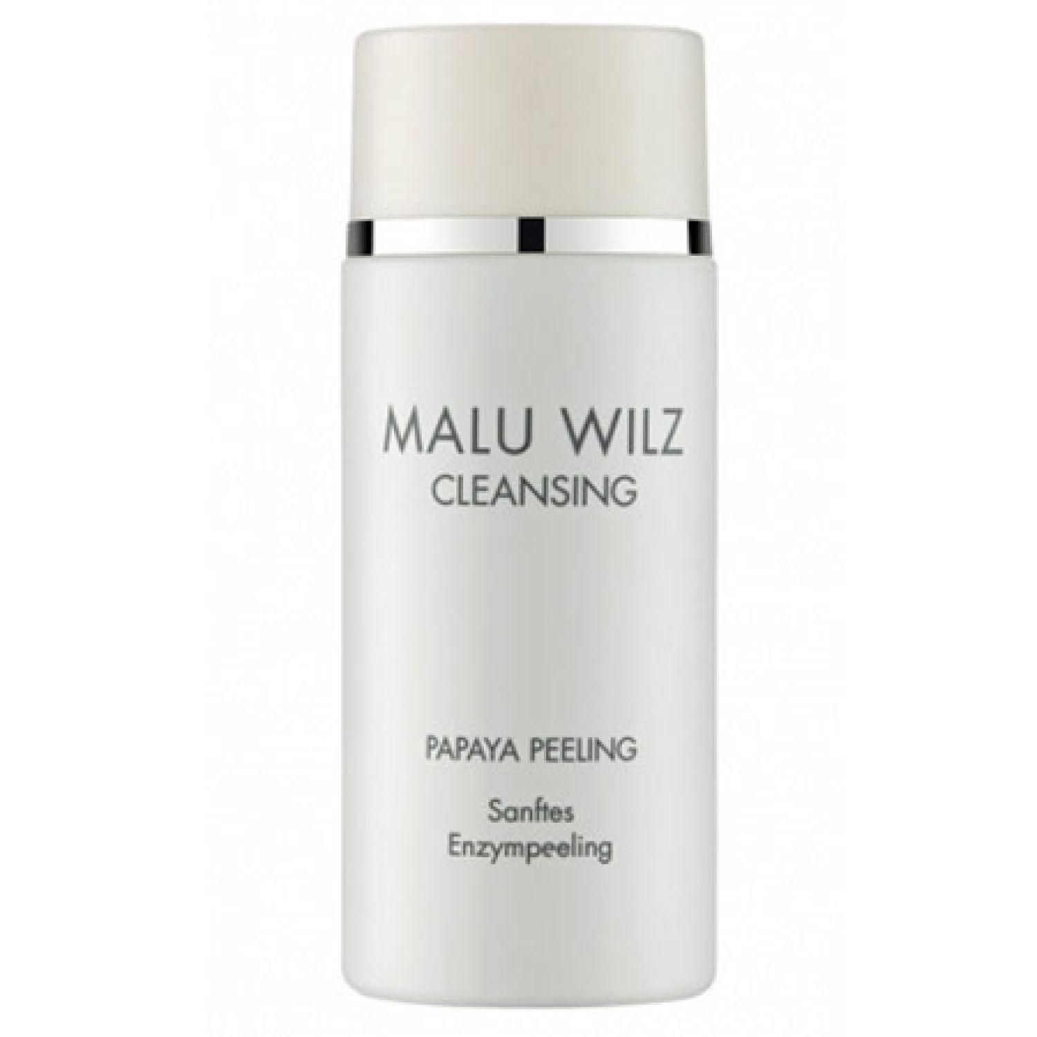 Weißes Fläschchen mit Deckel. Aufschrift: MALU WILZ CLEANSING, PAPAYA PEELING, Sanftes Enzympeeling. Silberner Ring am Flaschenhals.