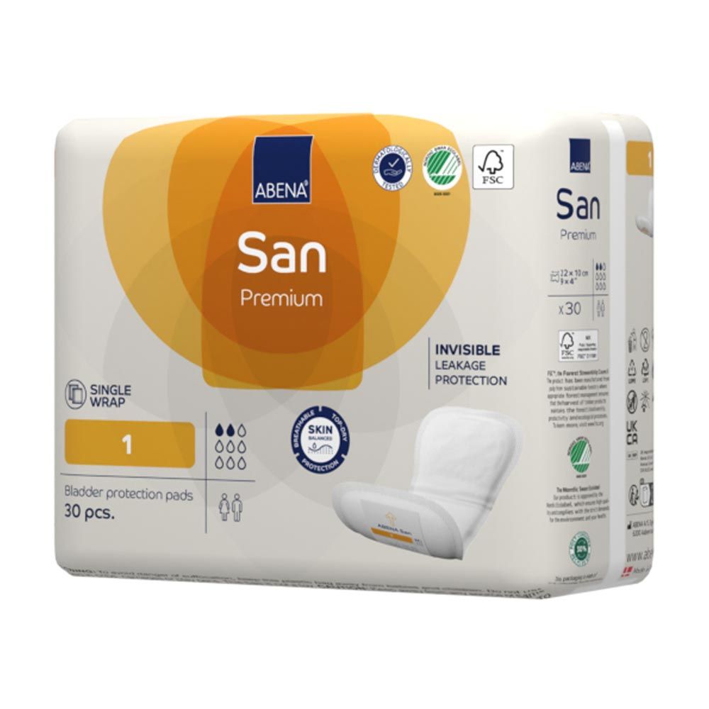 Verpackung ABENA San Premium Einlagen. Weiß, gelb und blau. Produktname, Zertifizierungen und eine Einlage.