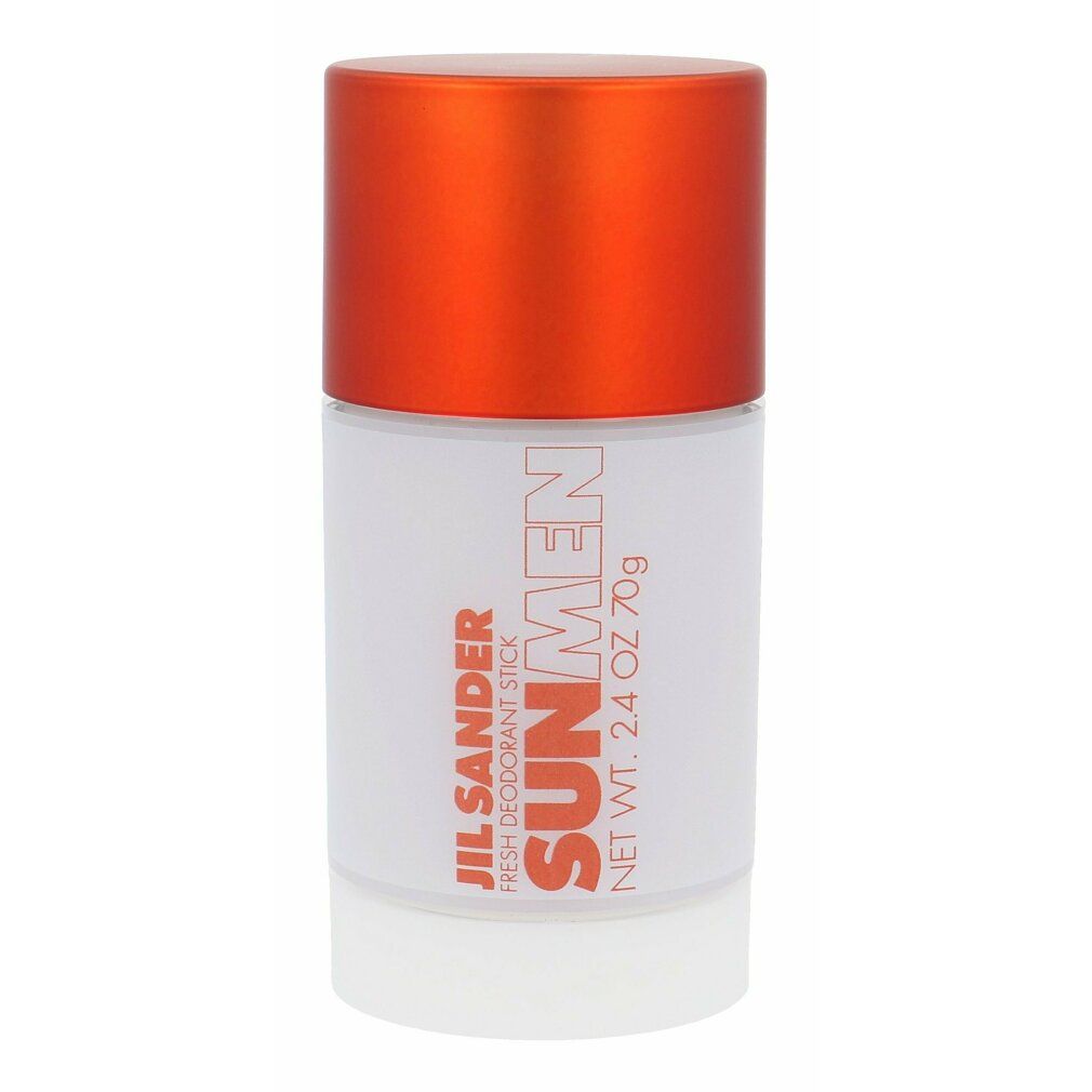 Deo-Stick mit orangefarbenem Deckel. Aufschrift: Jil Sander Sun Men, Fresh Deodorant Stick, 2.4 OZ 70g.