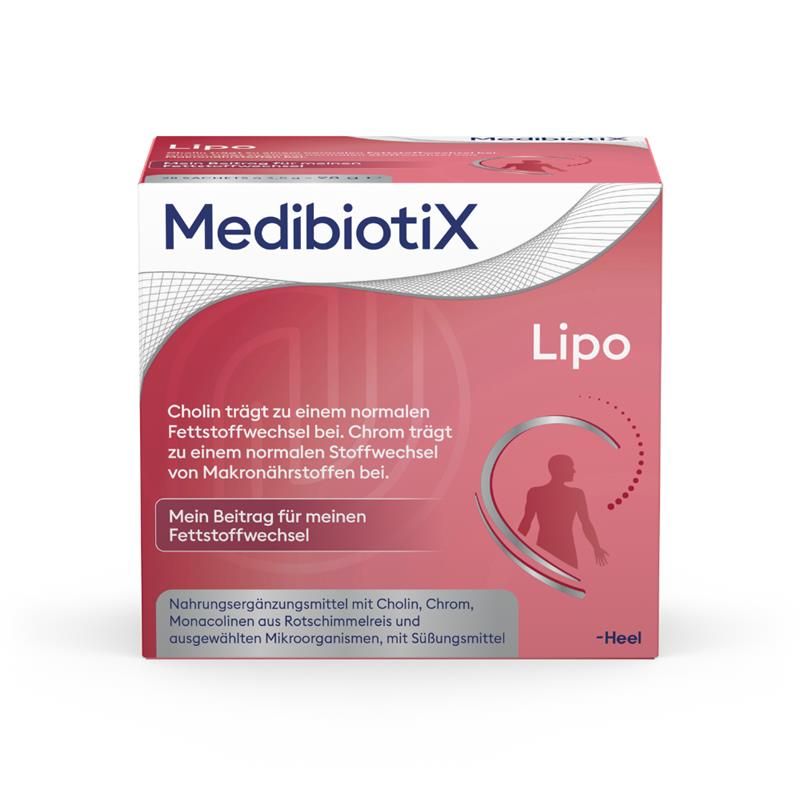 MedibiotiX Lipo-Schachtel. Text: Cholin für Fettstoffwechsel, Chrom für normalen Stoffwechsel. Logo. Roter Hintergrund.