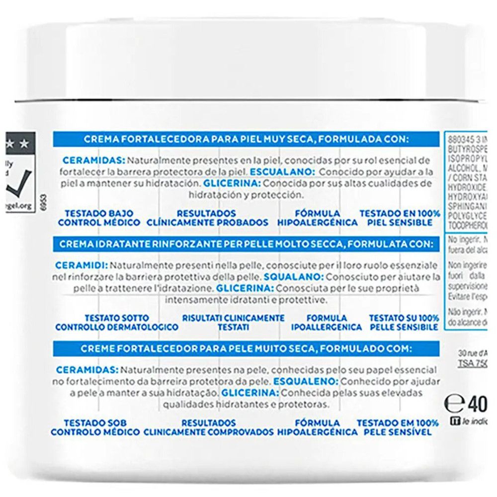 Weißer Tiegel mit blauer Aufschrift. Text: Mixa Ceramide Protect, 10% Glycerin, Squalane & Ceramides. Für trockene Haut.