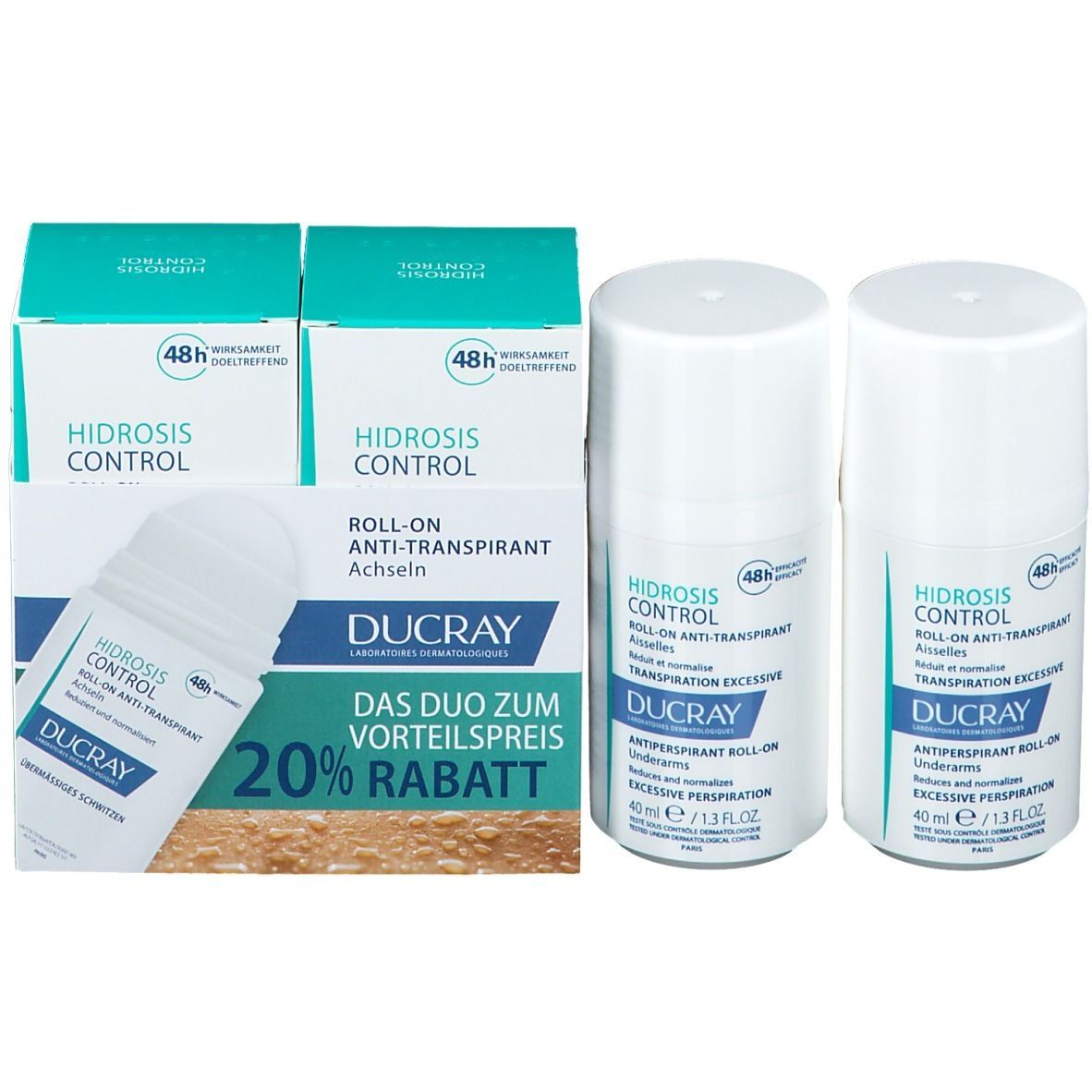 Verpackung mit zwei Roll-on-Flaschen und einer Schachtel. Aufschrift: DUCRAY, HIDROSIS CONTROL.