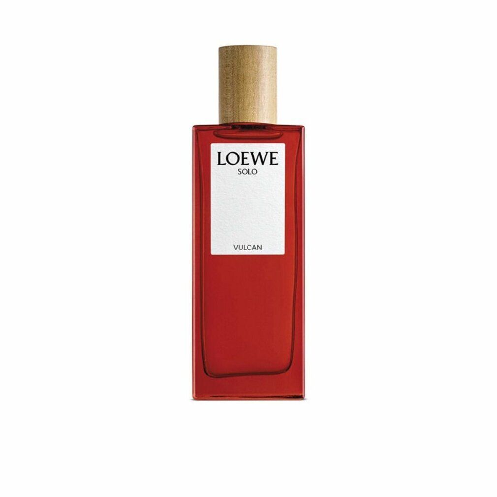 Roter Flakon mit Holzverschluss. Aufschrift: LOEWE SOLO VULCAN. Rechteckige Form.