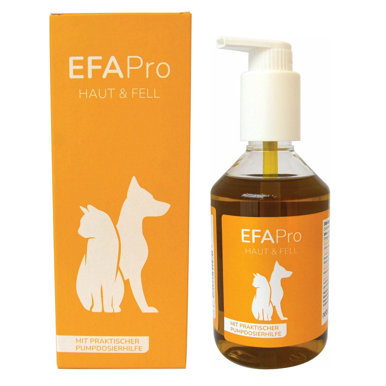 EFAPro Haut & Fell Flasche mit Pumpspender und orangefarbener Faltschachtel mit Hund- und Katzensilhouette.