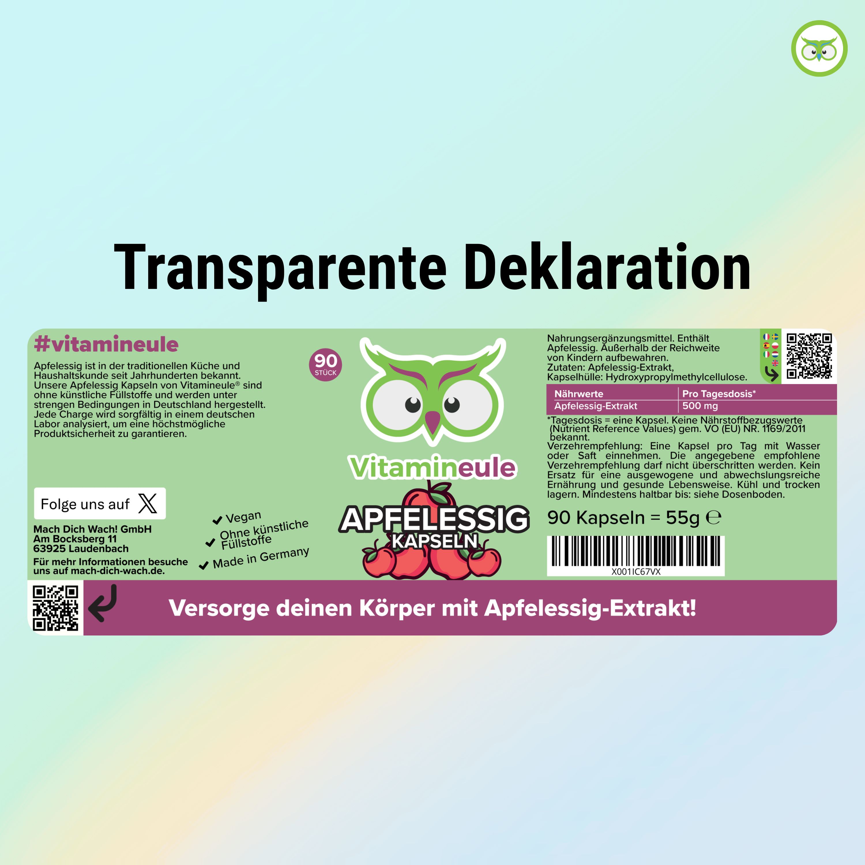 Etikett mit Text. #vitamineule. Apfelessig Kapseln. 90 Kapseln. Inhaltsstoffe. Vegan, ohne künstliche Zusätze, Made in Germany. QR-Code.