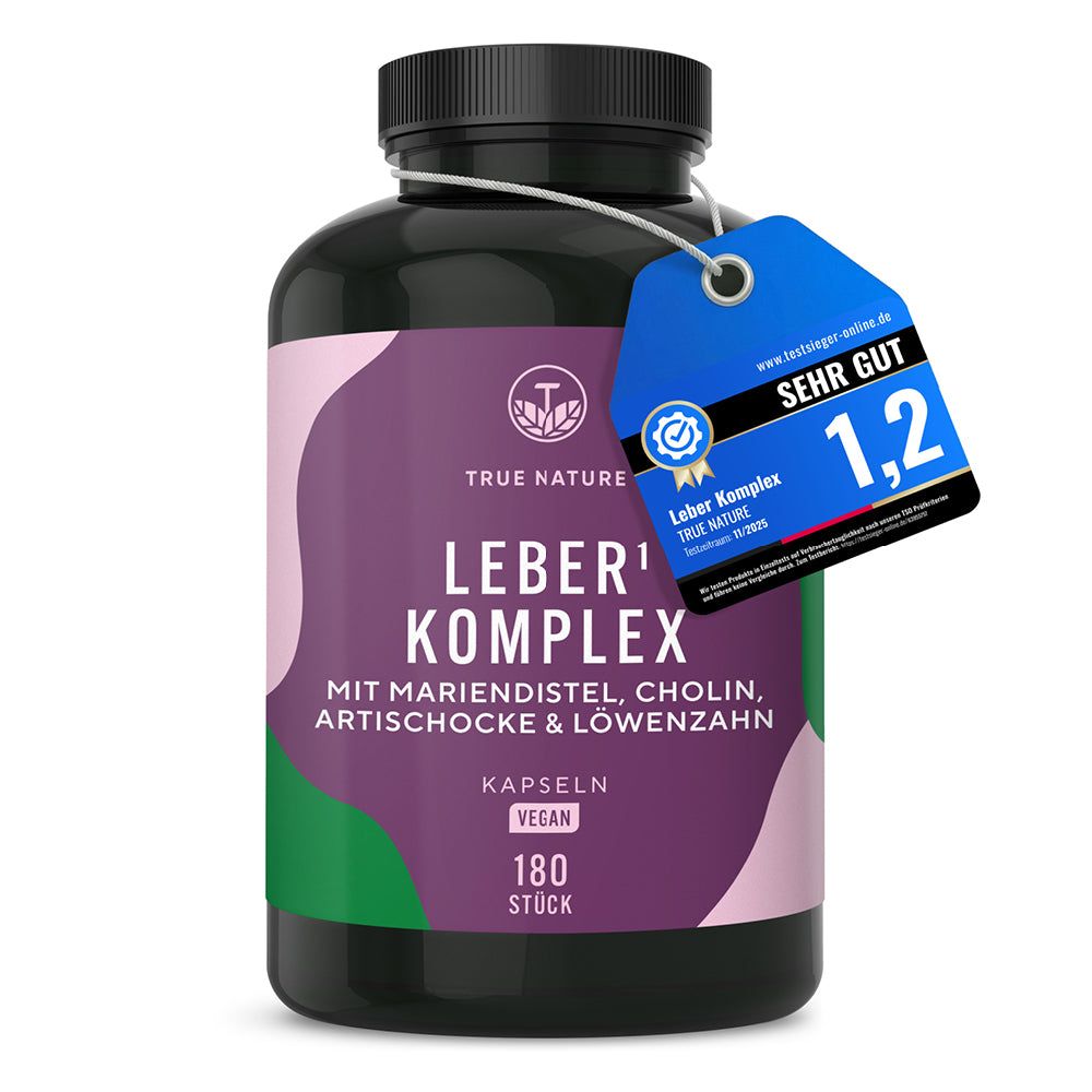 Dunkle Kapselbehälter mit lila Etikett, das 'Leber Komplex' und Inhaltsstoffe zeigt. Ein Siegel bewertet das Produkt mit 'Sehr Gut 1,2'.