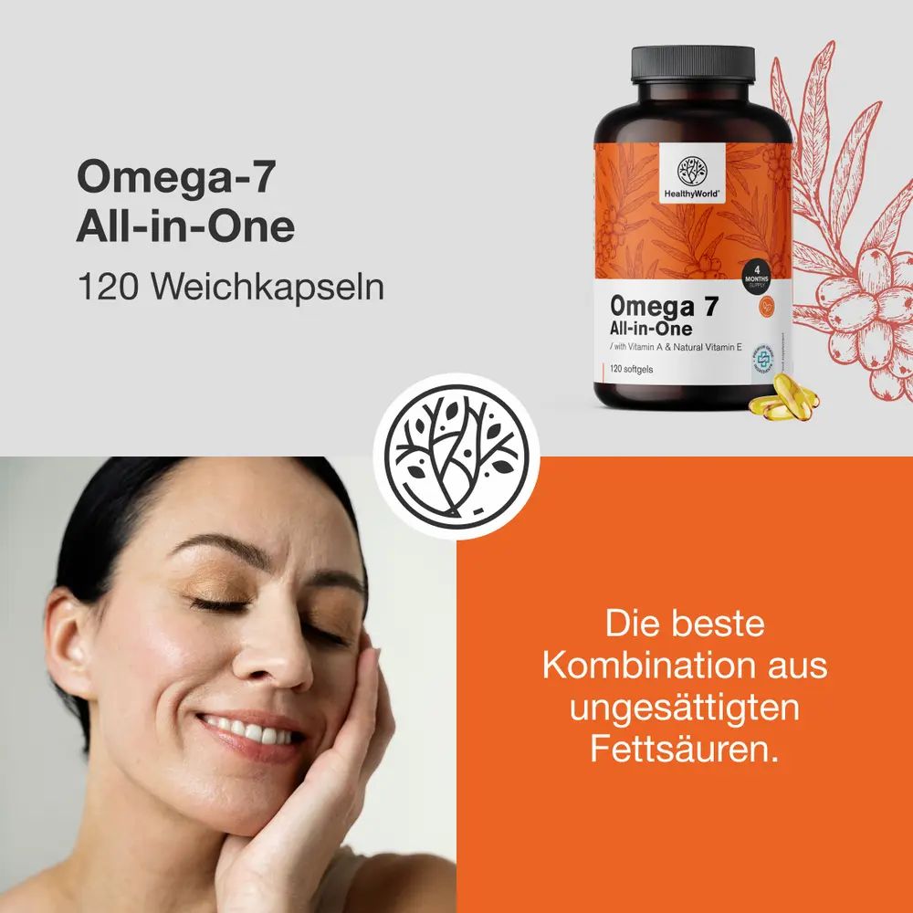 Flasche mit Omega-7-Kapseln, Sanddornbeeren und Text.