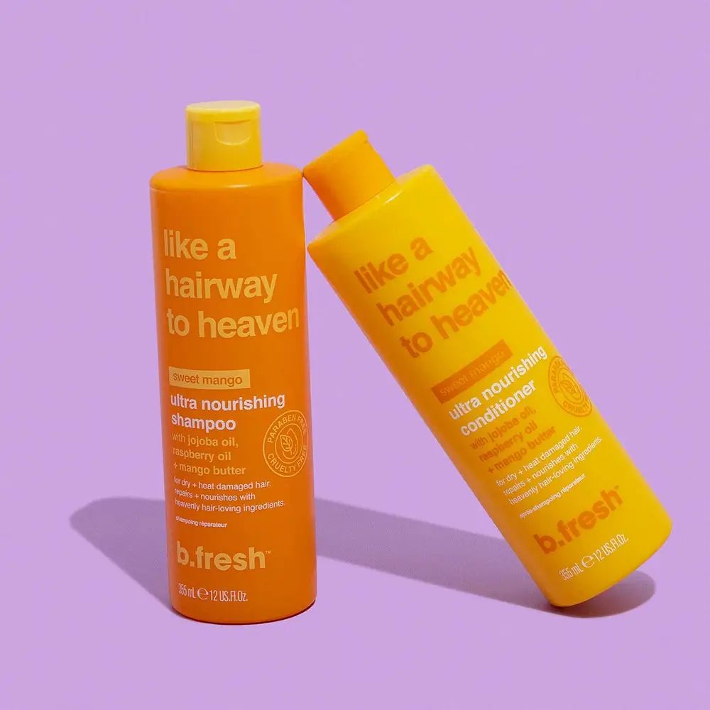 Zwei Flaschen, eine orange, eine gelb. Text: Like a Hairway to Heaven. B.fresh Logo. Auf lila Hintergrund.