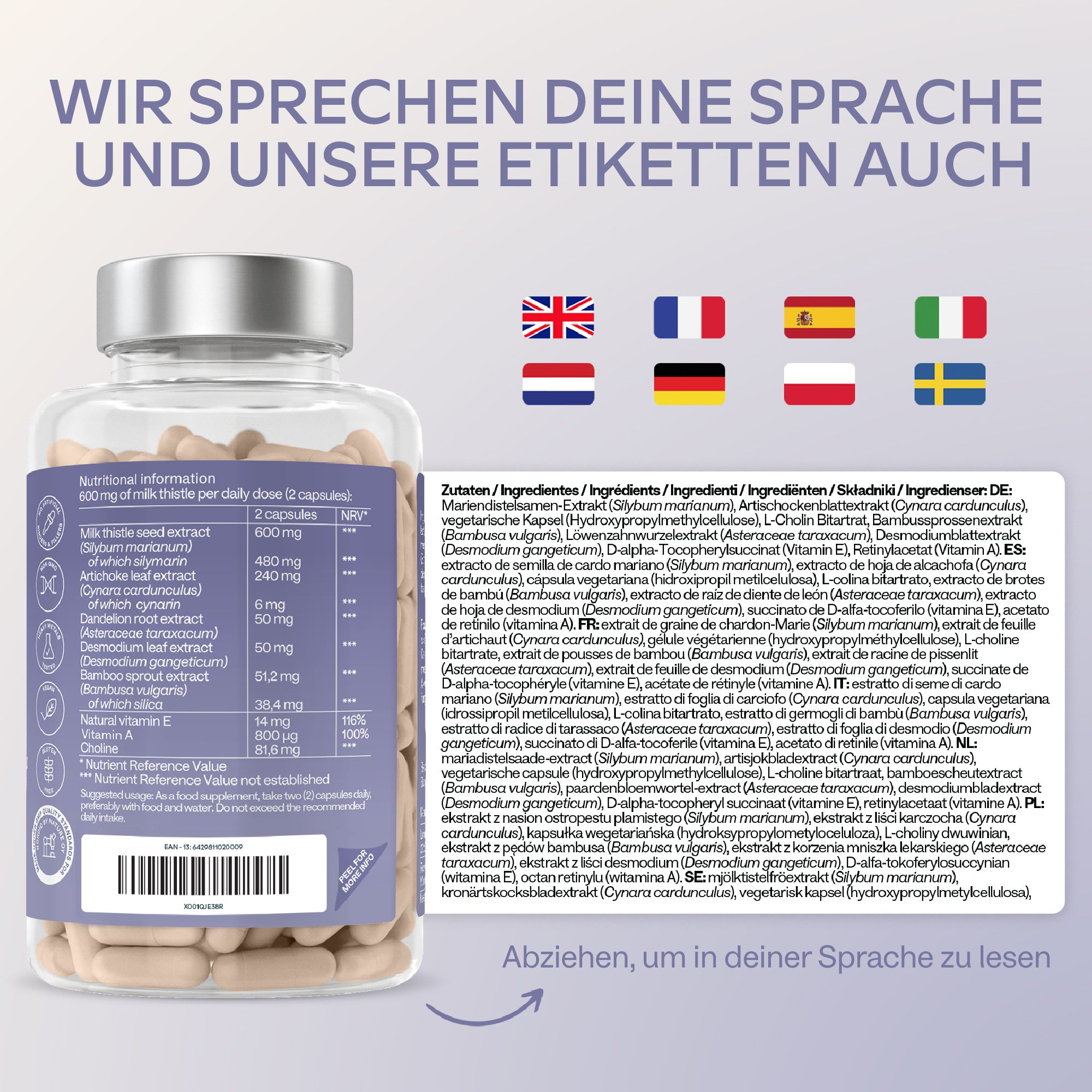 Nährwertangaben und Zutatenliste. Flaggen: UK, FR, ES, IT, SE.