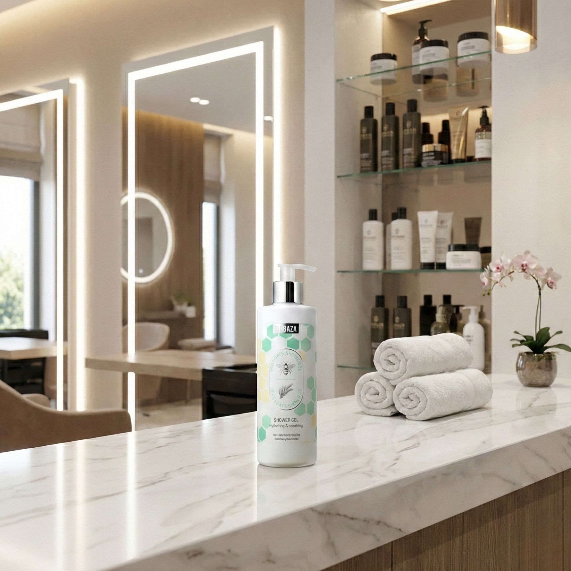 Biobaza 2in1 Duschgel, weißes Flasche mit Pumpe, auf Theke. Im Hintergrund Spiegel, Handtücher, Kosmetikprodukte.