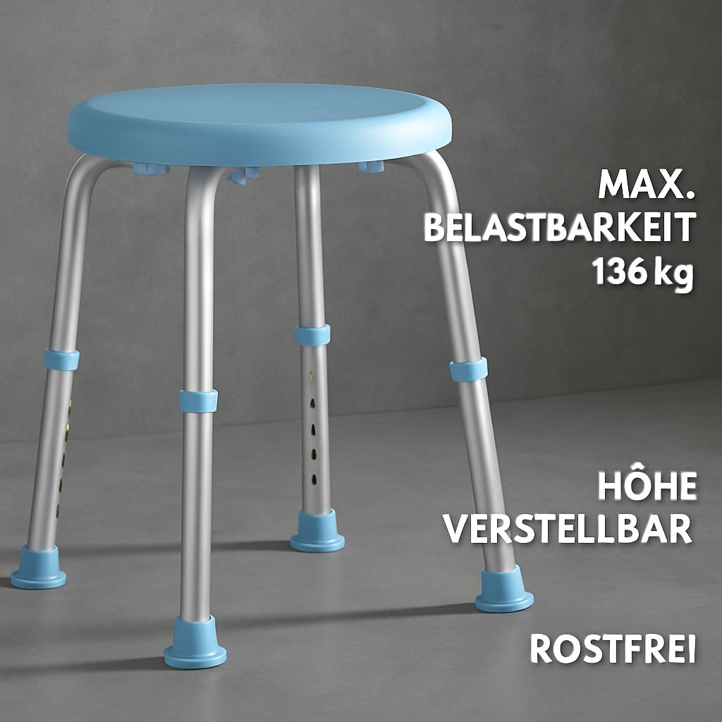 Blauer Duschhocker, höhenverstellbar, rostfrei. Maximale Belastbarkeit 136 kg.