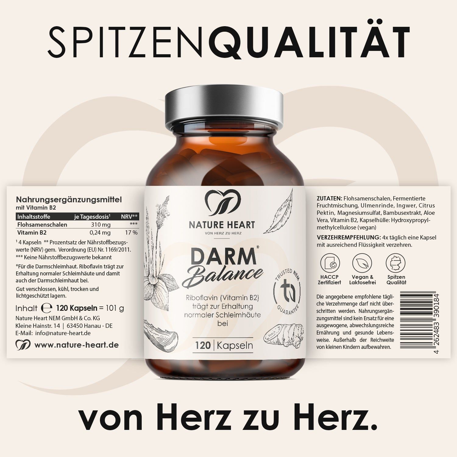 Braune Glasflasche mit Kapseln. Aufschrift: Darm Balance, Nature Heart. 120 Kapseln. Text: Riboflavin (Vitamin B2). Zutatenliste.