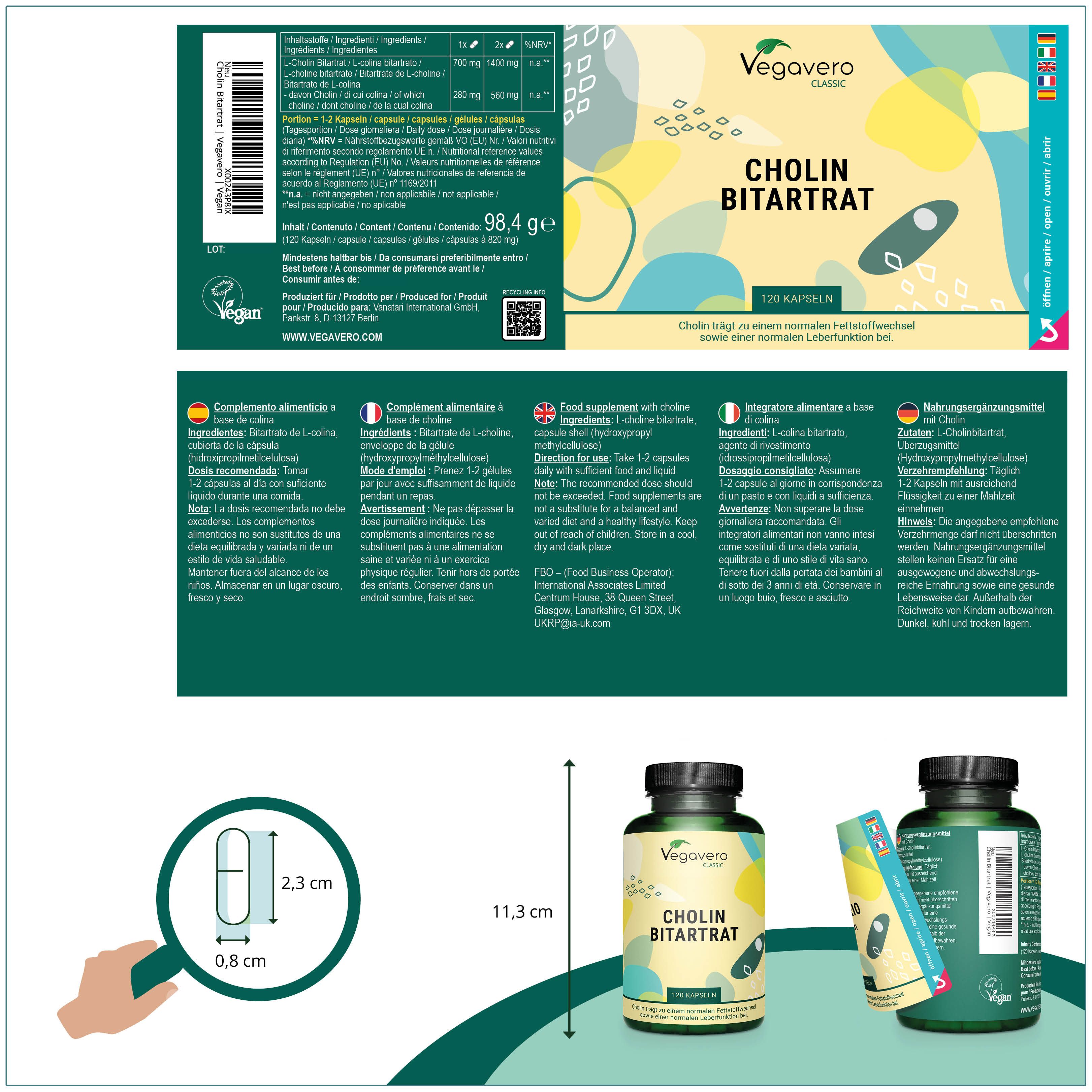 Produktverpackung mit Flasche und Beipackzettel. Flasche mit Cholin Bitartrat. Maße: 11,3 cm hoch, 0,8 x 2,3 cm Kapsel.