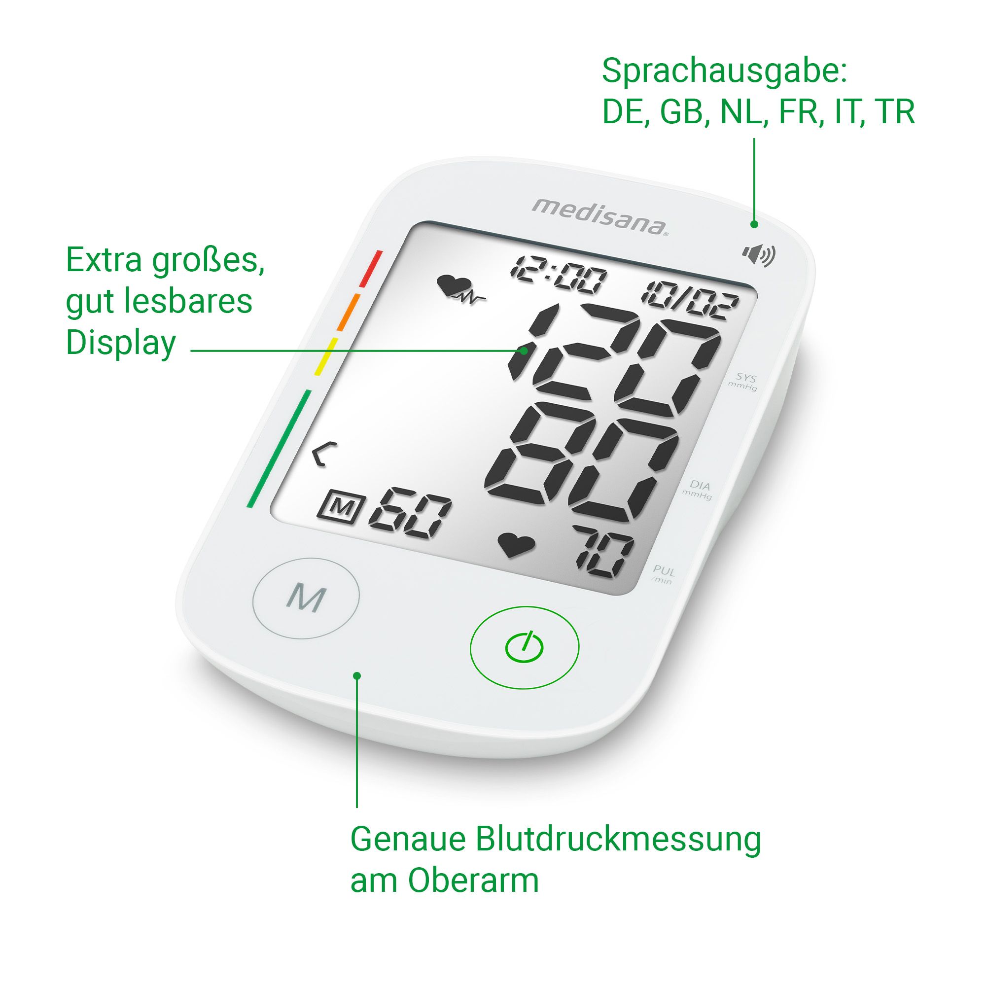 Medisana Blutdruckmessgerät mit großem Display, Farbskala und Sprachausgabe.