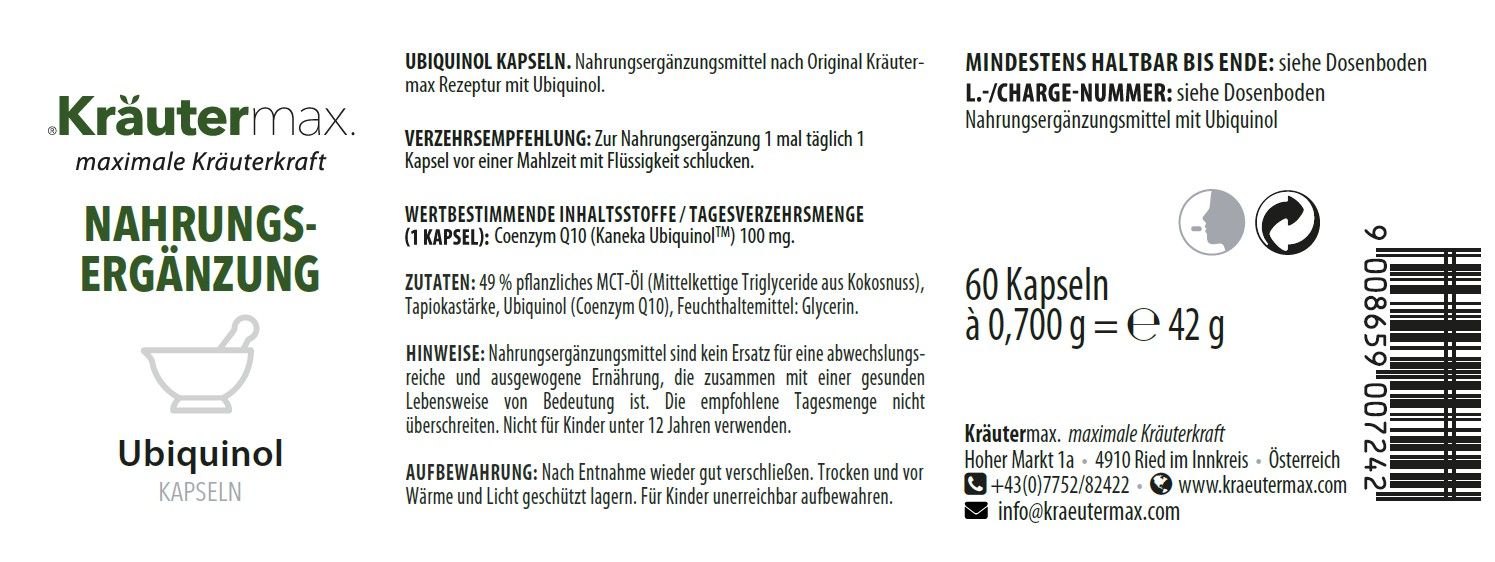 Etikett der Kräutermax Ubiquinol Kapseln. Enthält Informationen zu Inhaltsstoffen, Dosierung und Hersteller.