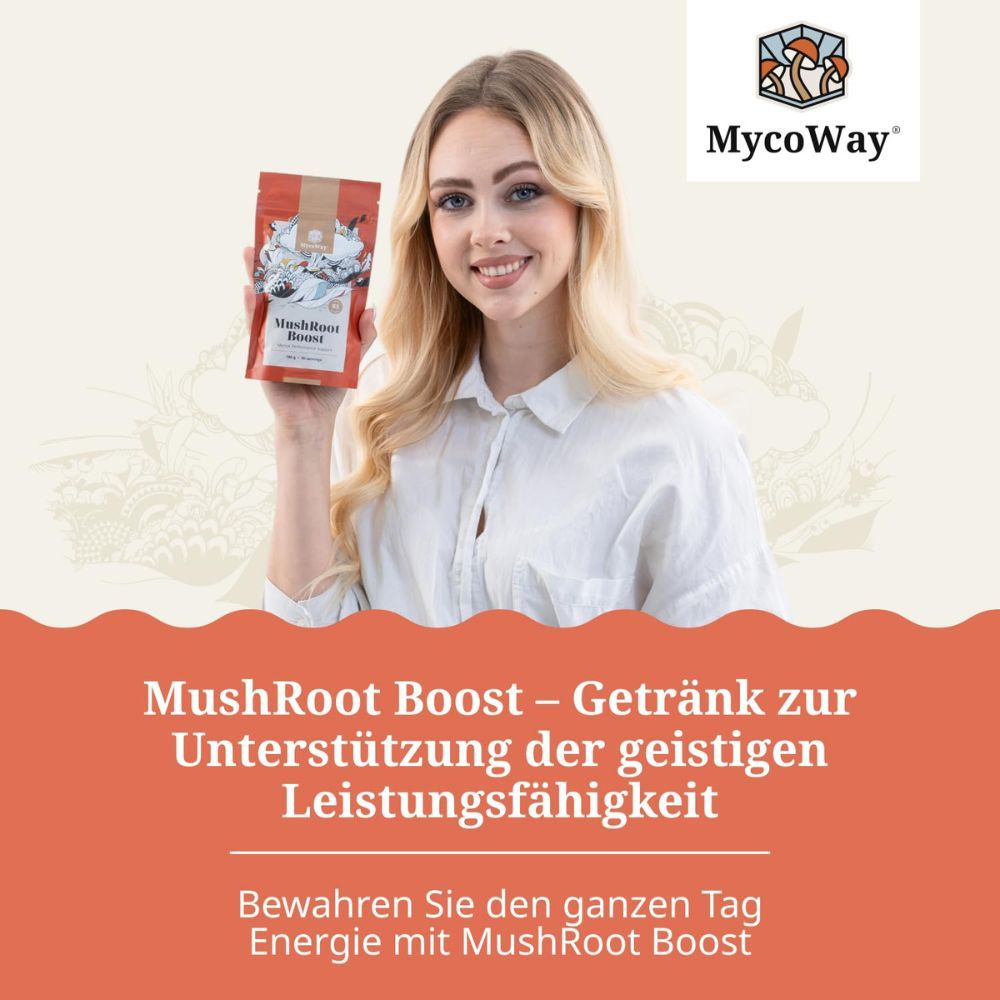 Frau hält Beutel MycoWay MushRoot Boost. Text: Getränk zur Unterstützung der geistigen Leistungsfähigkeit. Energie für den ganzen Tag.