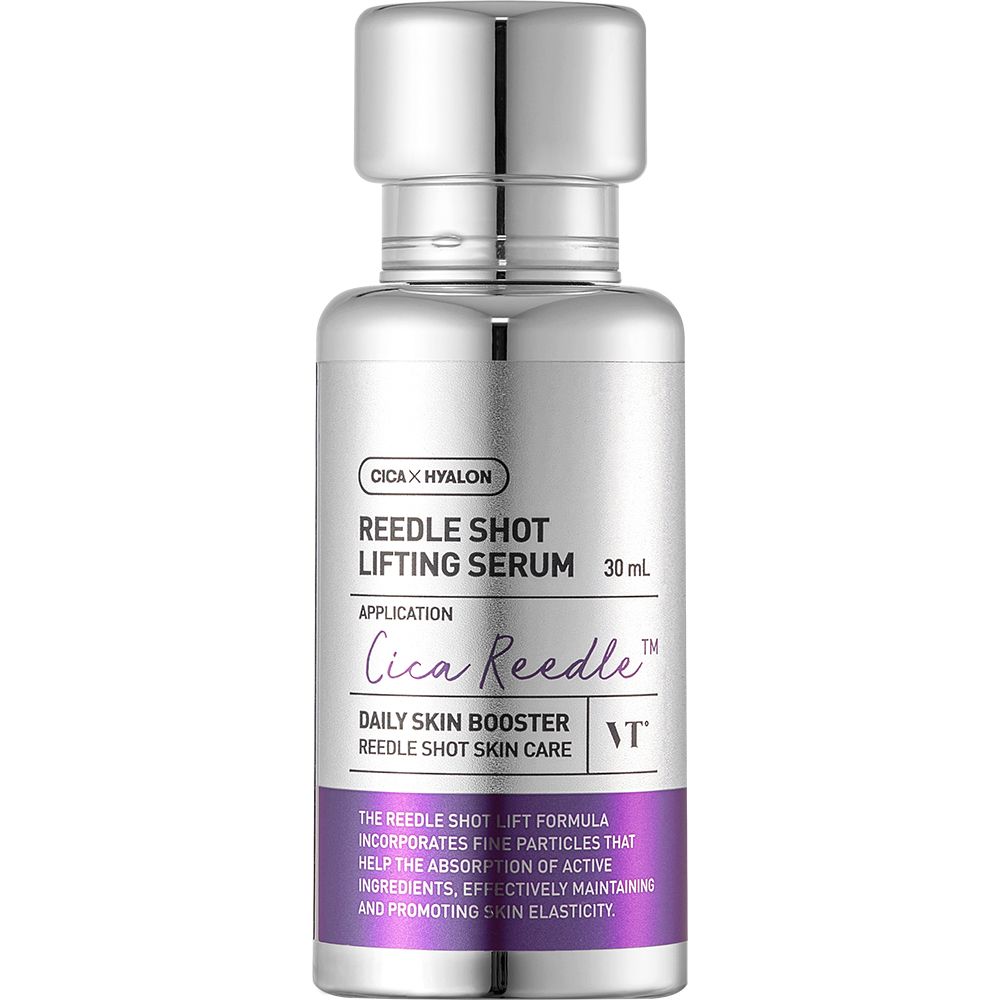 Serumflasche, silber mit lila Akzenten. Text: Reedle Shot Lifting Serum, Cica Reedle. 30 ml.