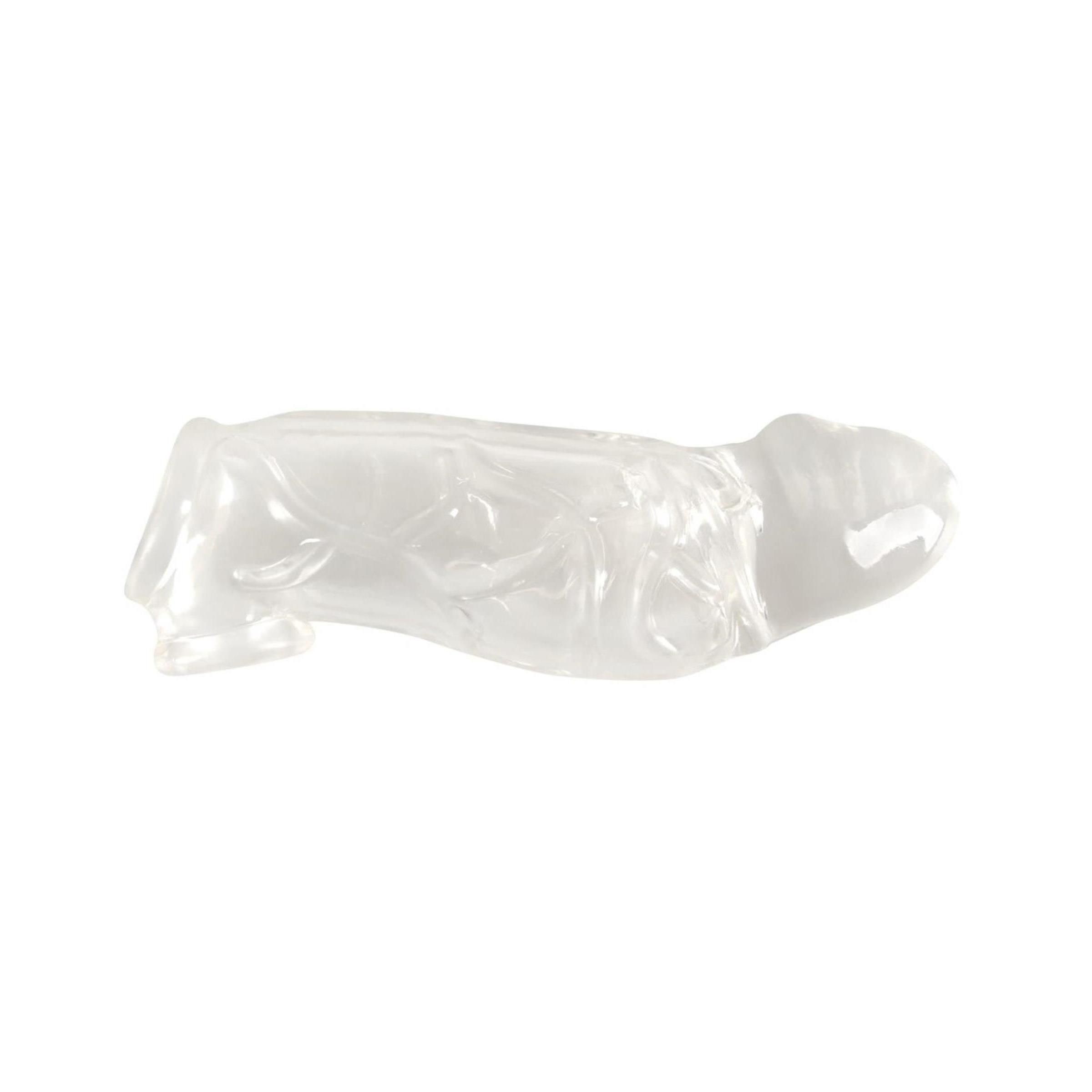 Transparenter Penis Sleeve. Sichtbare Strukturierung. Mit Hodenring. Auf weißem Hintergrund.