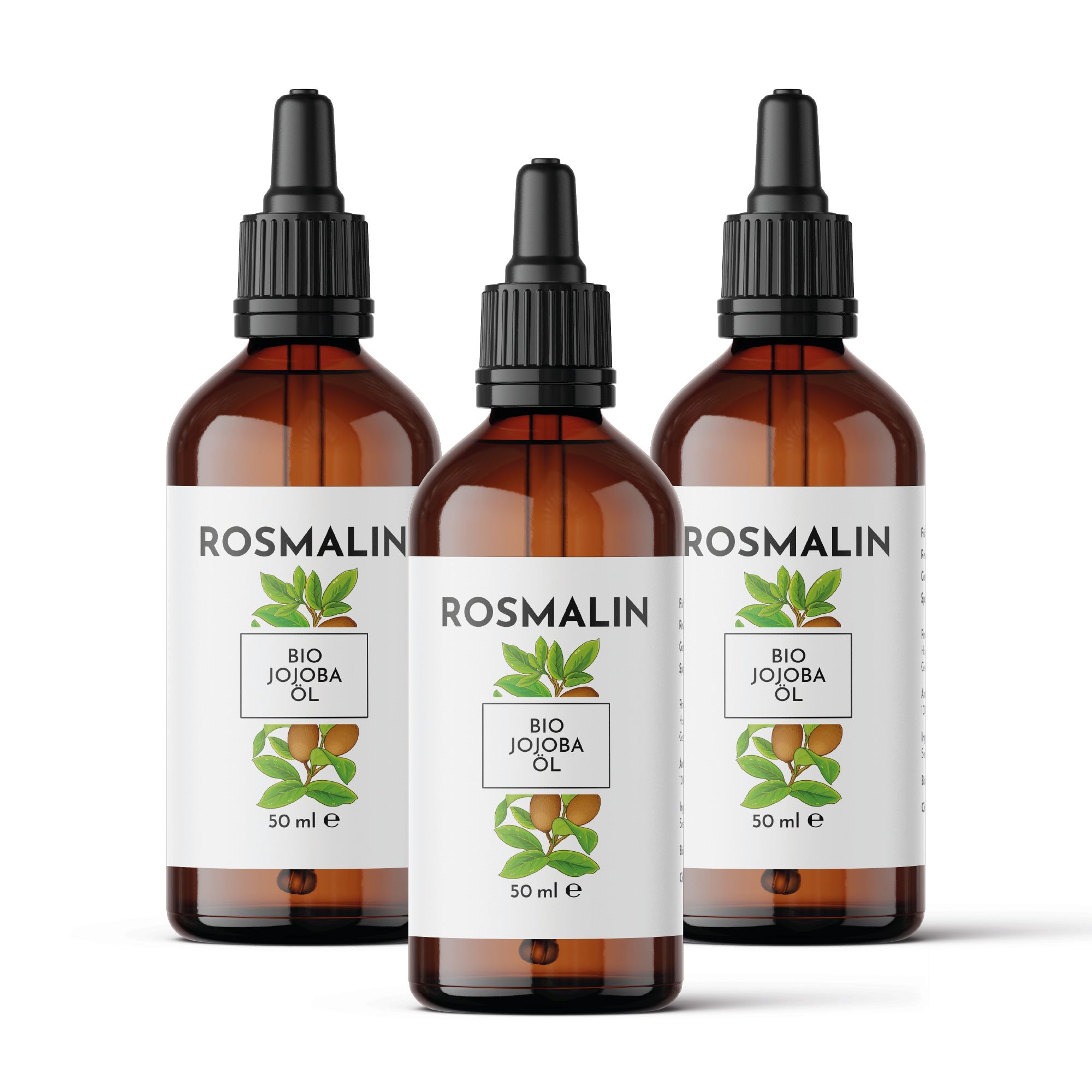 Drei Flaschen Rosmalin Bio Jojobaöl. Braune Glasflaschen mit Pipetten. Aufschrift: Rosmalin, Bio Jojobaöl, 50 ml.
