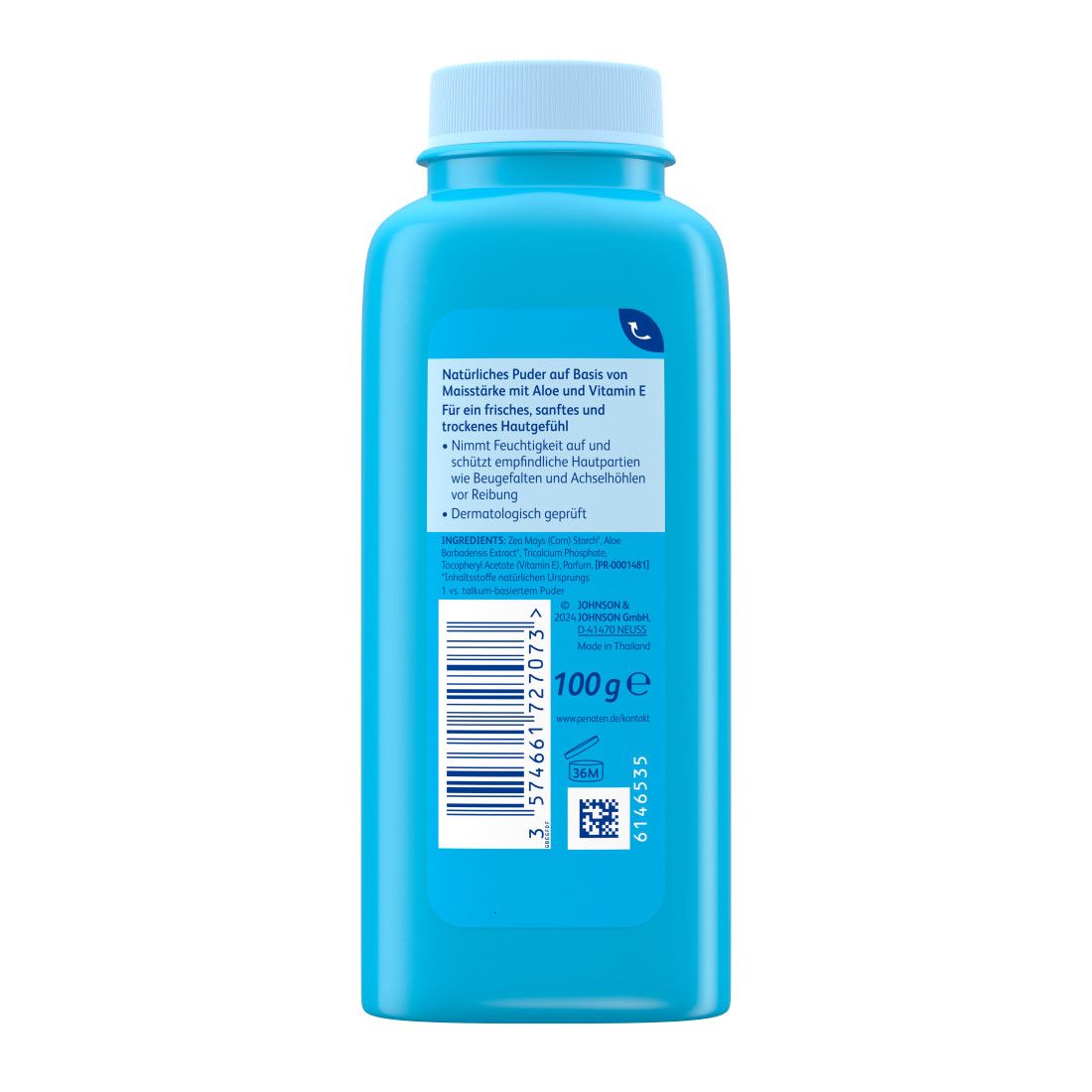 Rückseite einer hellblauen Penaten Baby Puder Flasche. Text: Natürliches Puder auf Basis von Maisstärke mit Aloe und Vitamin E. 100 g.