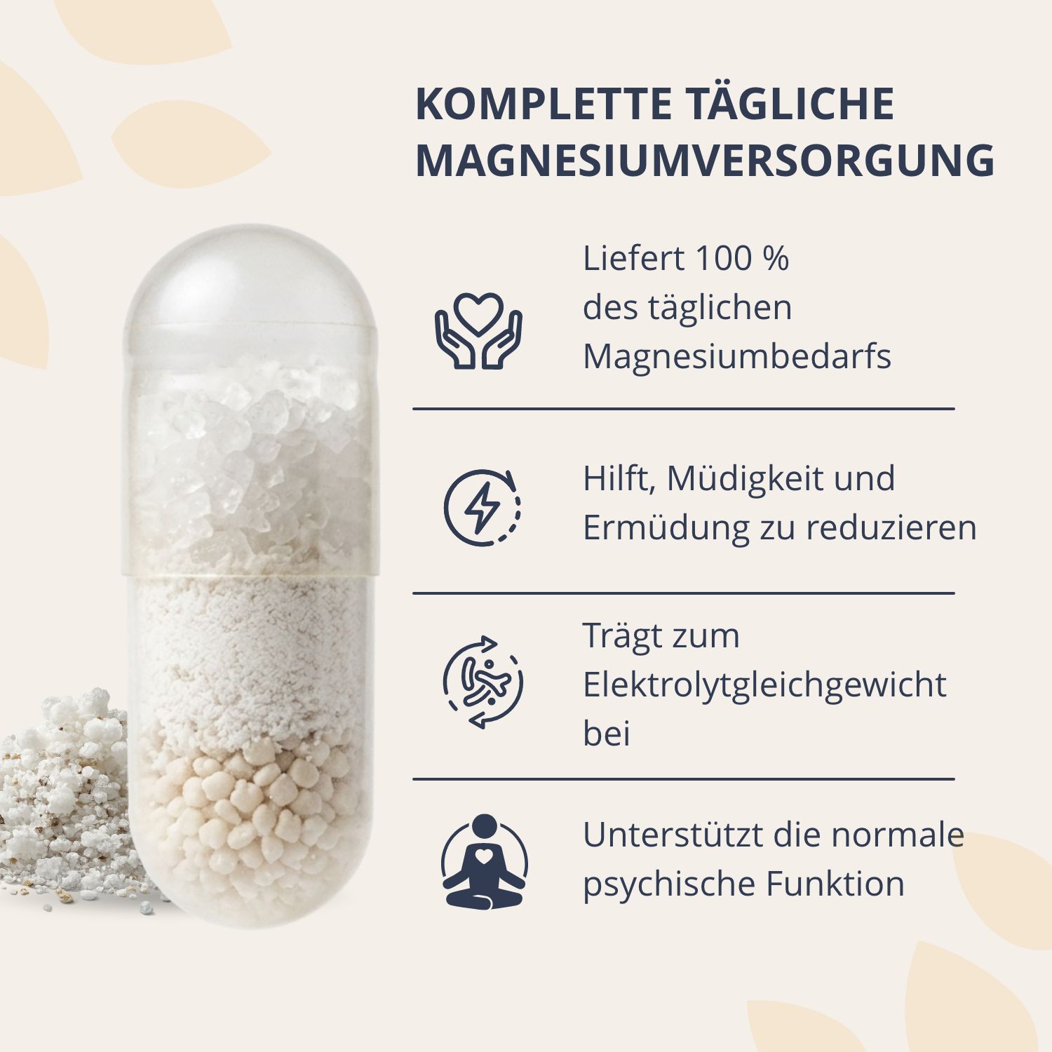 Transparente Kapsel mit Magnesiumgranulat, daneben eine kleine Ansammlung von Magnesiumpulver.