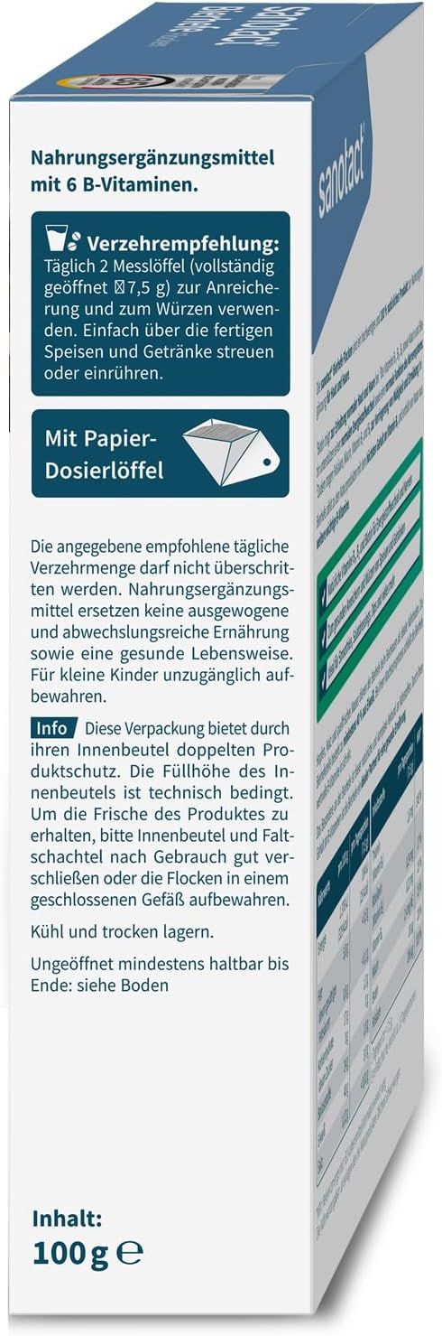 Verpackung von Bierhefe Flocken. Sanotact-Logo. Text: Nahrungsergänzungsmittel mit 6 B-Vitaminen. Mit Papier-Dosierlöffel. Inhalt: 100 g e.