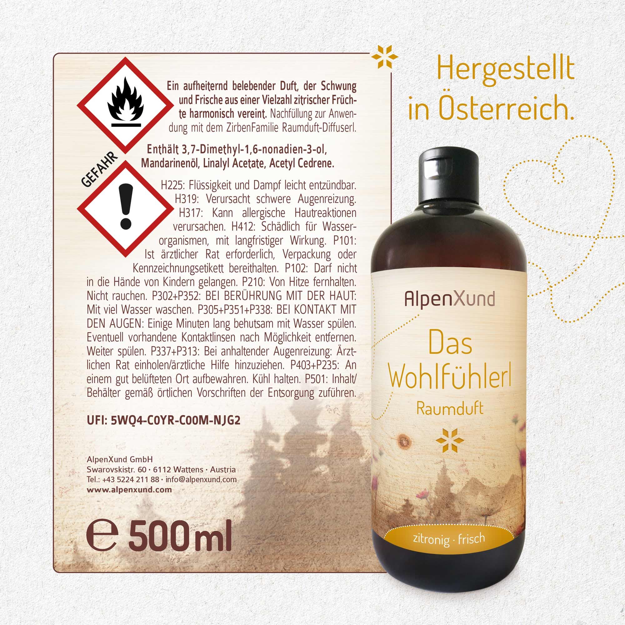 Braune Flasche mit schwarzem Deckel. Text: AlpenXund, Das Wohlfühlerl, zitronig frisch. 500ml. Gefahrensymbole.