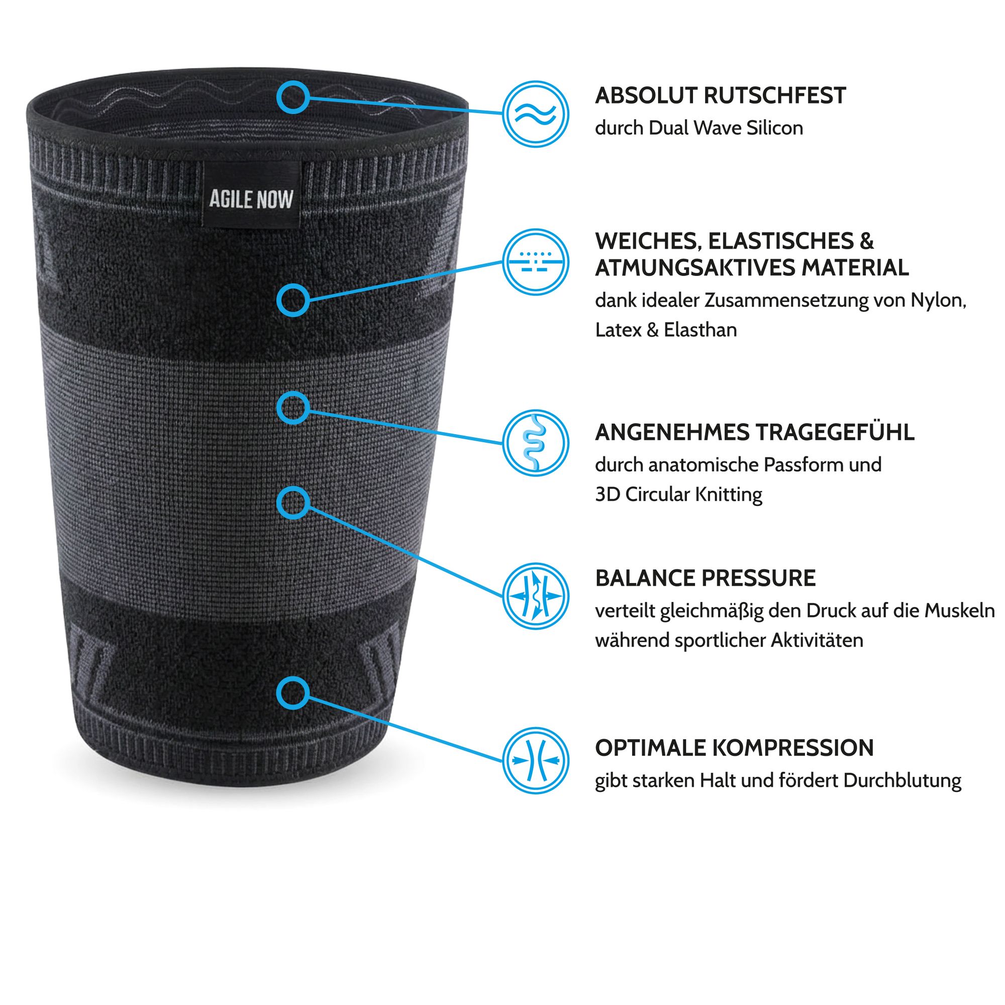 Nahaufnahme der Oberschenkelbandage. Text: Absolut rutschfest, weiches, elastisches Material, angenehmes Tragegefühl, Balance Pressure, optimale Kompression.