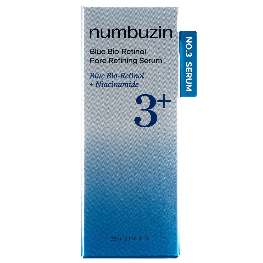 Verpackungsbox für Numbuzin No.3 Blue Bio-Retinol Serum. Blaue und silberne Farbgebung.