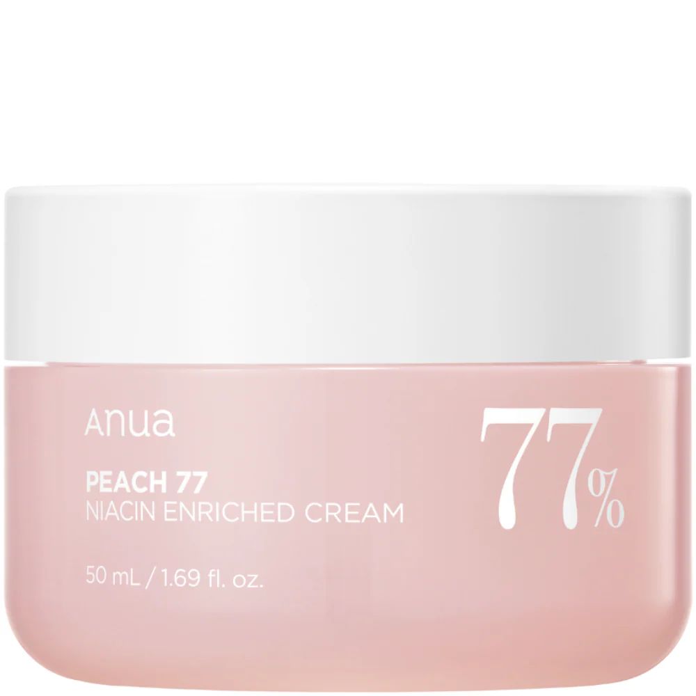 Rosa Creme-Dose mit weißem Deckel. Aufschrift: Anua Peach 77% Niacin Enriched Cream. 50 ml / 1.69 fl. oz.