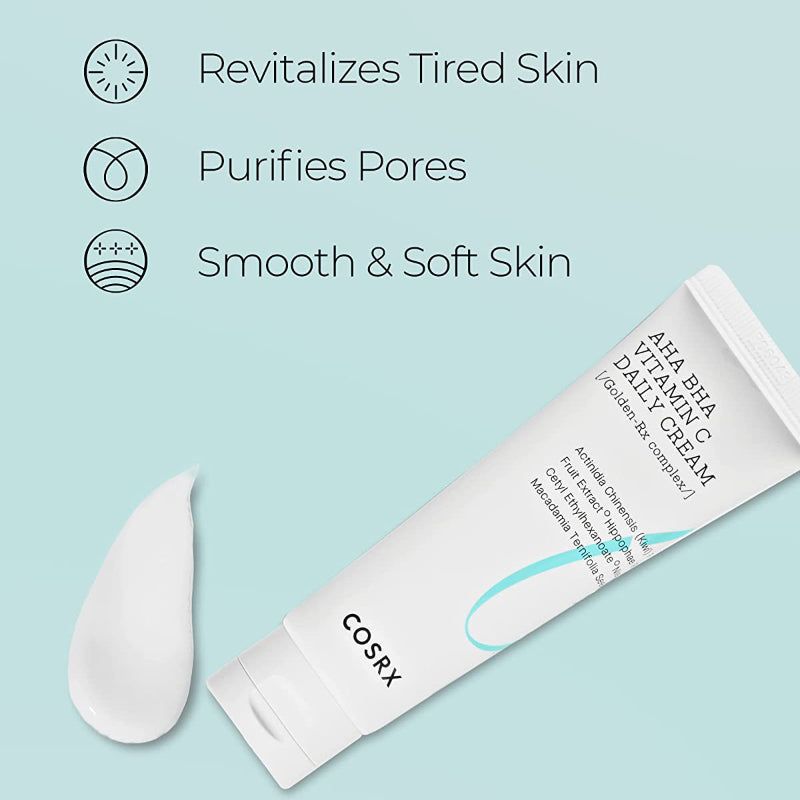 Weiße Tube mit AHA BHA Vitamin C Daily Cream und Text über Vorteile. COSRX-Logo. Creme-Klecks.