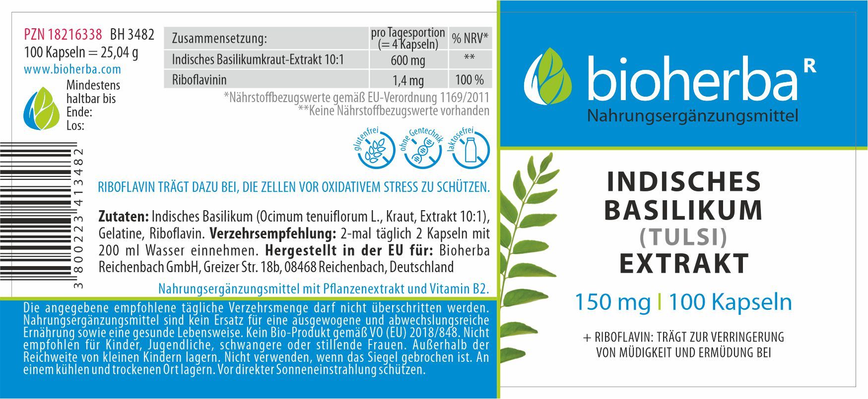 Etikett mit Produktinformationen. "bioherba" Logo, Produktname "Indisches Basilikum (Tulsi) Extrakt", Inhaltsstoffe und Nährwertangaben.