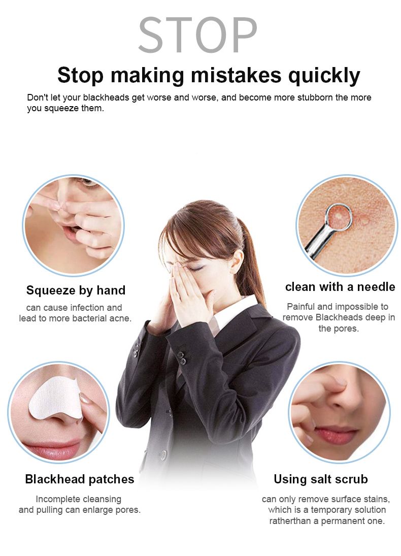 Vergleich von Methoden zur Entfernung von Mitessern. Abbildungen von Händen, Werkzeugen und Pflastern. Text: Stop making mistakes quickly.