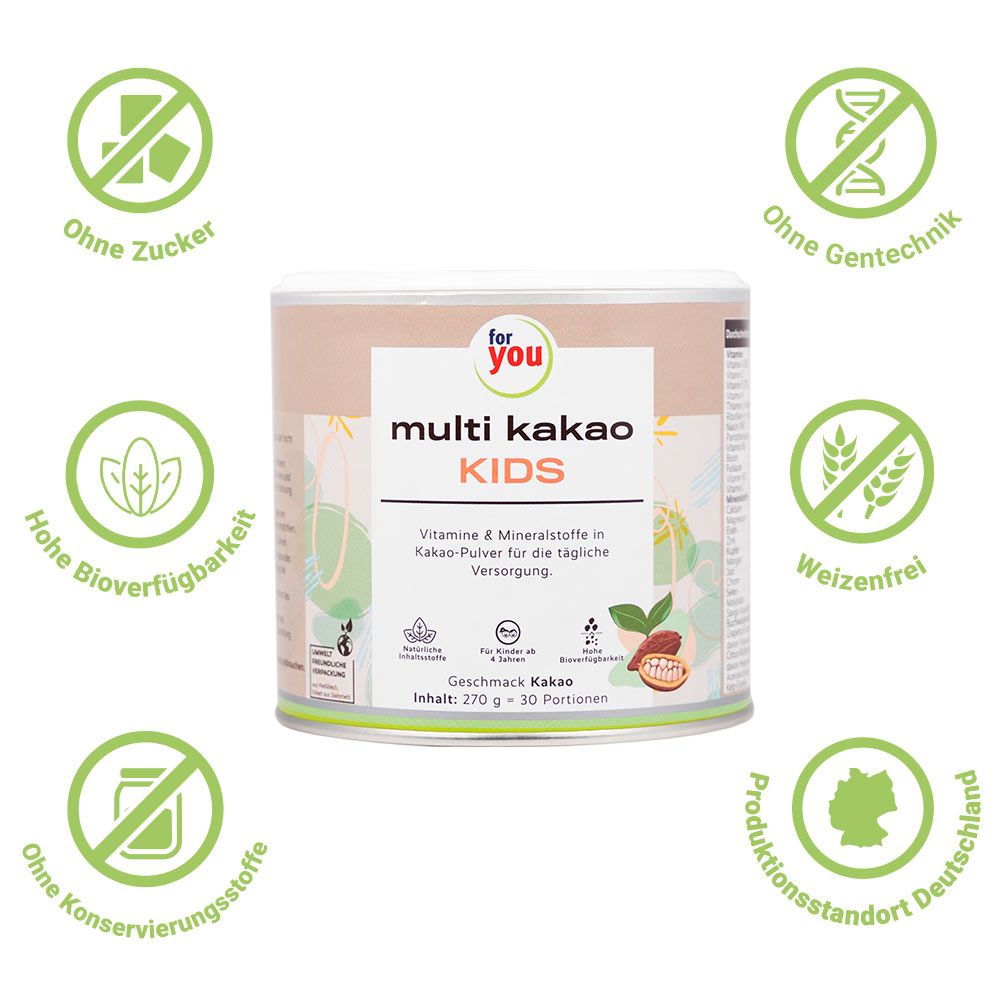 Dose "for you multi kakao KIDS" mit Logos. Aufdruck: Vitamine & Mineralstoffe in Kakao-Pulver. Ohne Zucker, Gentechnik, Konservierungsstoffe.