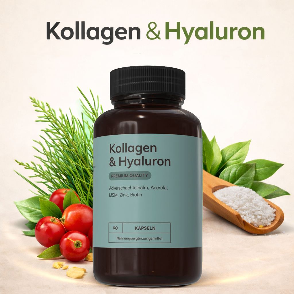 Braune Flasche mit Kapseln. Aufschrift: Kollagen & Hyaluron. Mit Blättern, Beeren und Pulver auf einem Löffel.
