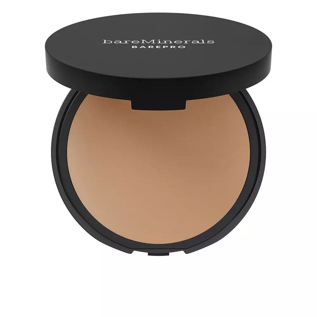 Runder, schwarzer Behälter mit geöffnetem Deckel. Innen puderfarbenes Make-up. Deckel mit weißem Schriftzug: bareMinerals BAREPRO.
