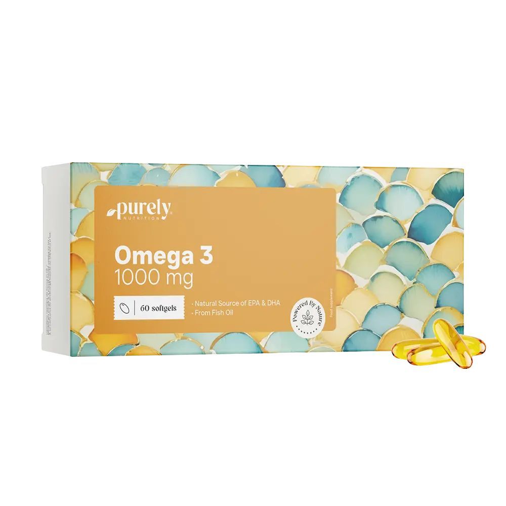 Packung Purely Omega-3 1000 mg. 60 Softgels. Fischöl. Gelb-blaues Design. Aufschrift: Omega 3, 1000 mg.