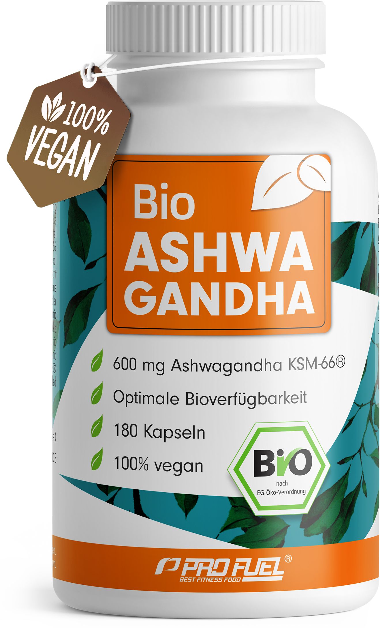 Weiße Flasche mit orangefarbenem Etikett. Aufschrift: Bio Ashwagandha. 100% vegan. Bio-Siegel. 180 Kapseln.