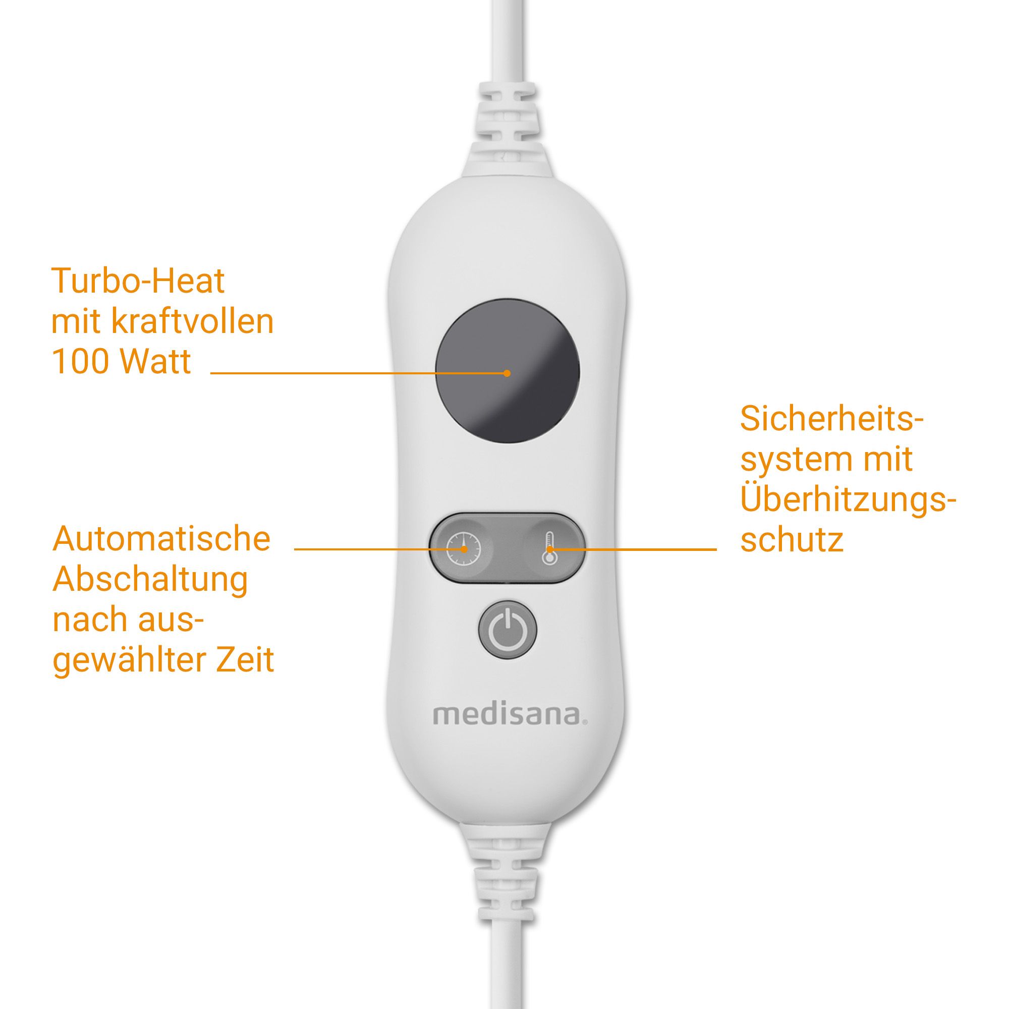 Nahaufnahme des weißen Steuergeräts der medisana Heizdecke.