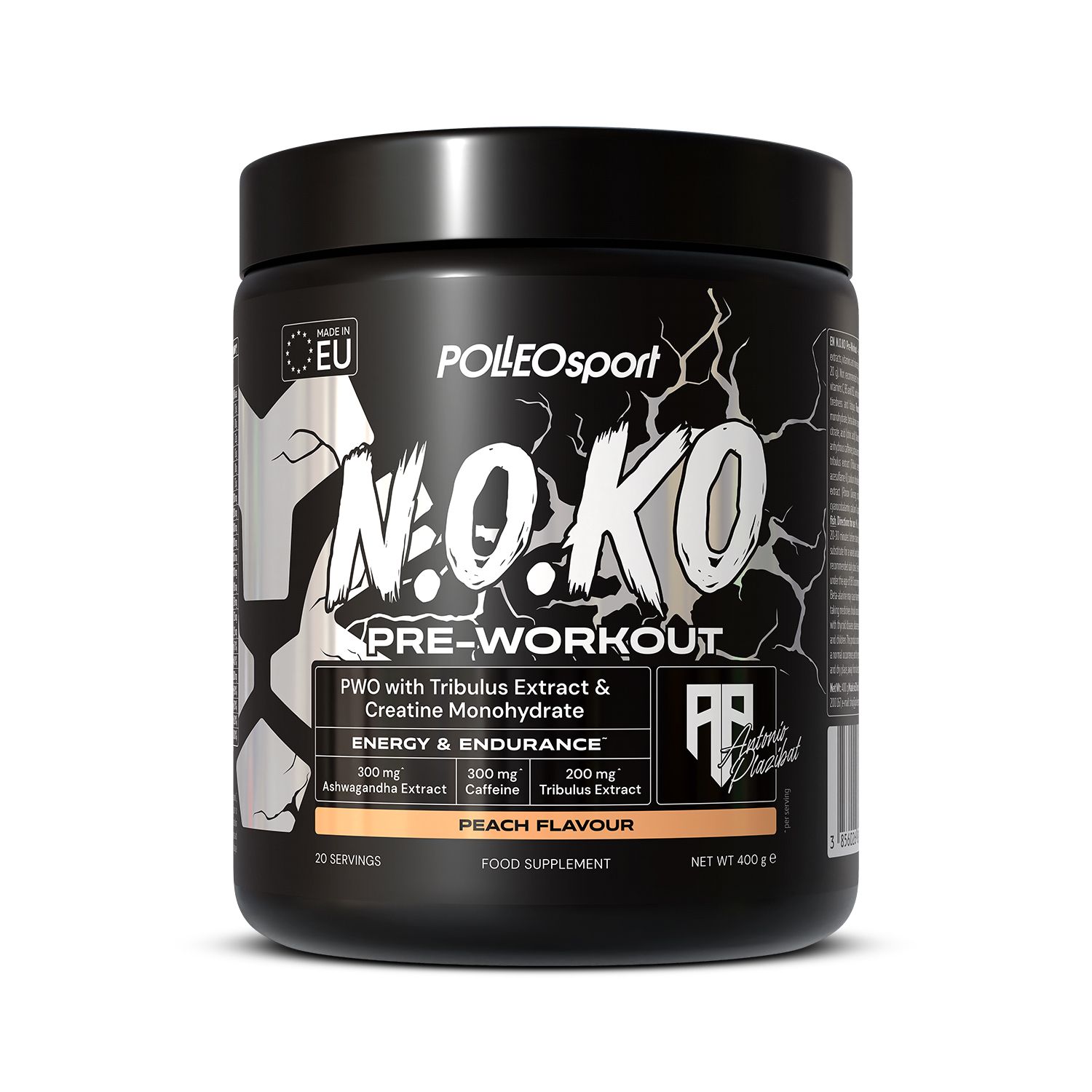 Dose N.O.KO Pre-Workout. Text: PWO mit Tribulus Extrakt & Kreatin Monohydrat. Energie & Ausdauer. Geschmacksrichtung Pfirsich. PolleoSport Logo.