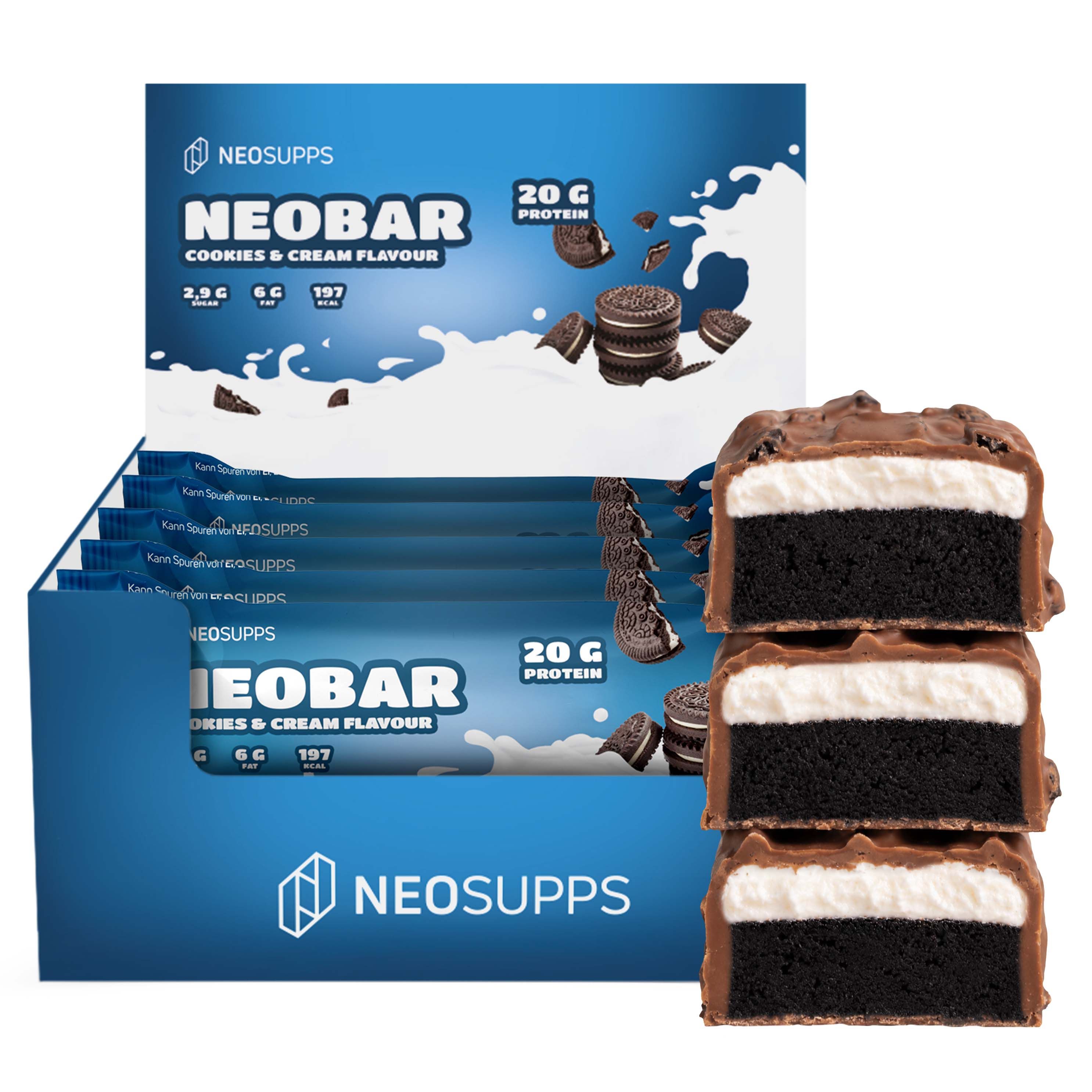 Box mit Neosupps NeoBars Cookies & Cream. Mehrere Riegel und aufgeschnittene Riegel sind sichtbar.