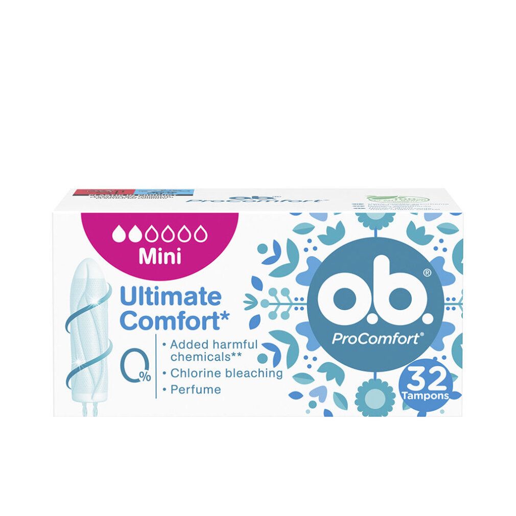Packung O.B. ProComfort Mini Ultimate Comfort Tampons. 32 Stück. Weiße Verpackung mit Produktabbildung und Schriftzug.