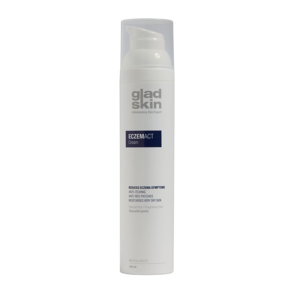 Creme-Tube mit Pumpverschluss. Beschriftung: Gladskin Eczemact Cream. Reduziert Ekzemsymptome, lindert Rötungen, befeuchtet trockene Haut.