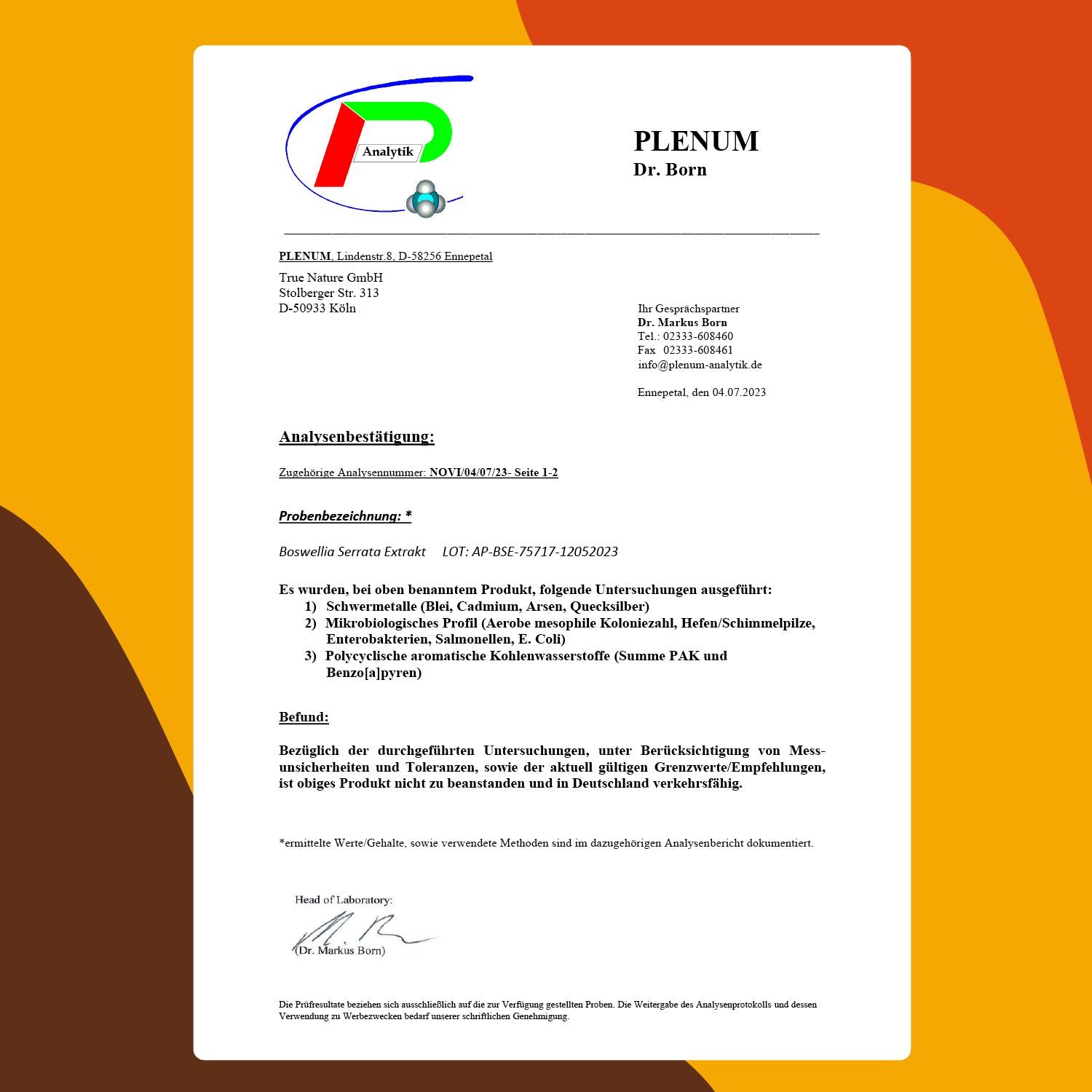 Zertifikat von Plenum Dr. Born. Analysebericht für Boswellia Serrata Extrakt.