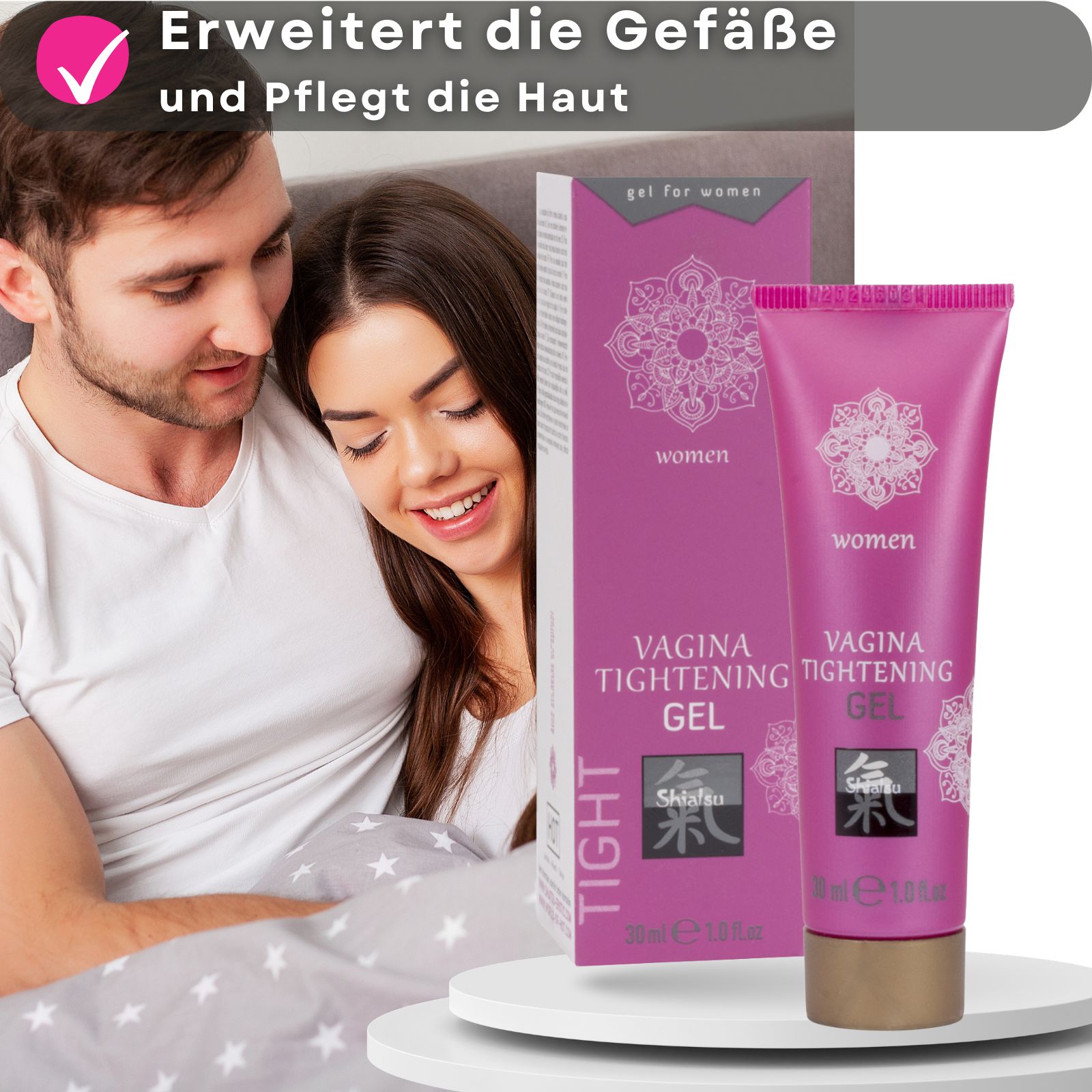 Produktverpackung und Tube. Aufschrift: Vagina Tightening Gel, Shiatsu. Für Frauen. Hintergrund: Paar.