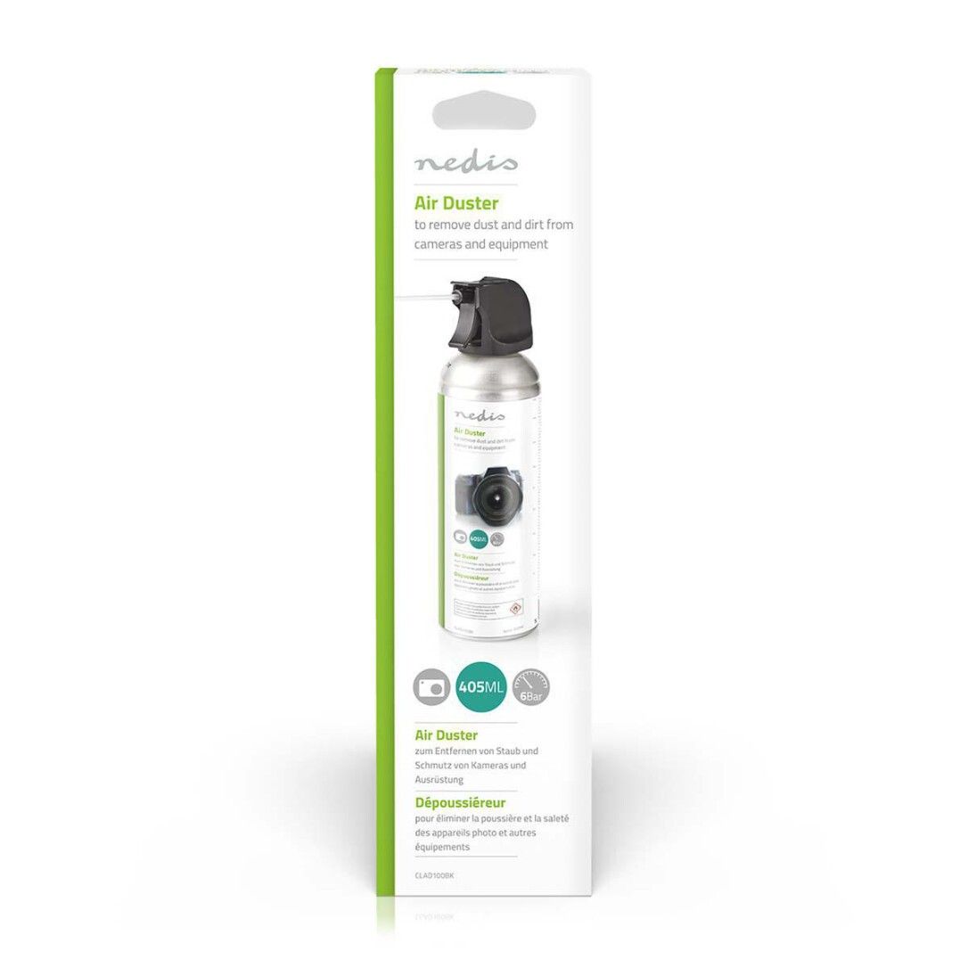 Druckluft-Reiniger in einer weißen Verpackung. Auf der Verpackung steht "Air Duster" und "405ml". Die Verpackung zeigt eine Kamera.