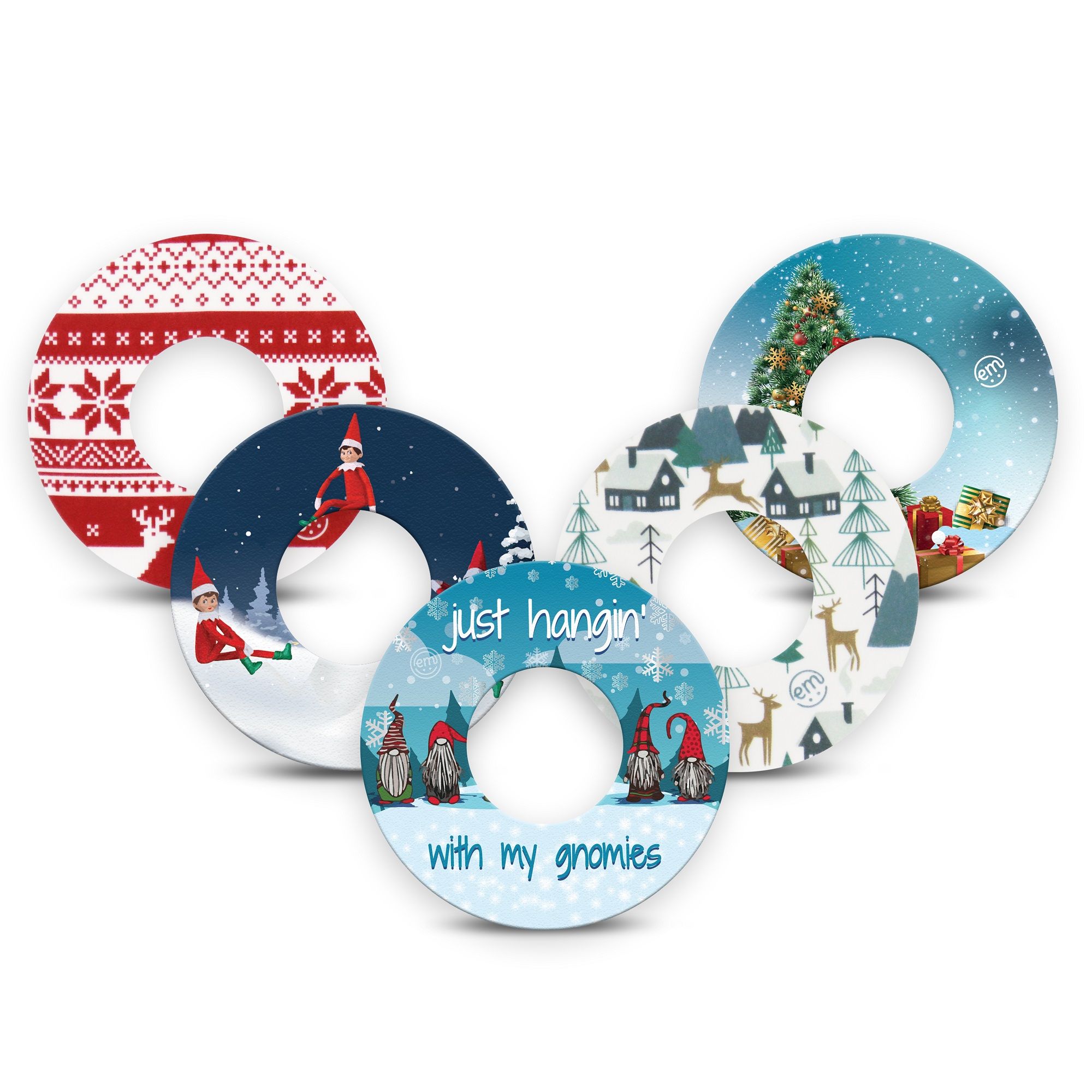 Fünf runde Fixierringe mit weihnachtlichen Designs: Schneeflocken, Elfen, Gnomies, Tannenbaum und Muster. Loch in der Mitte.